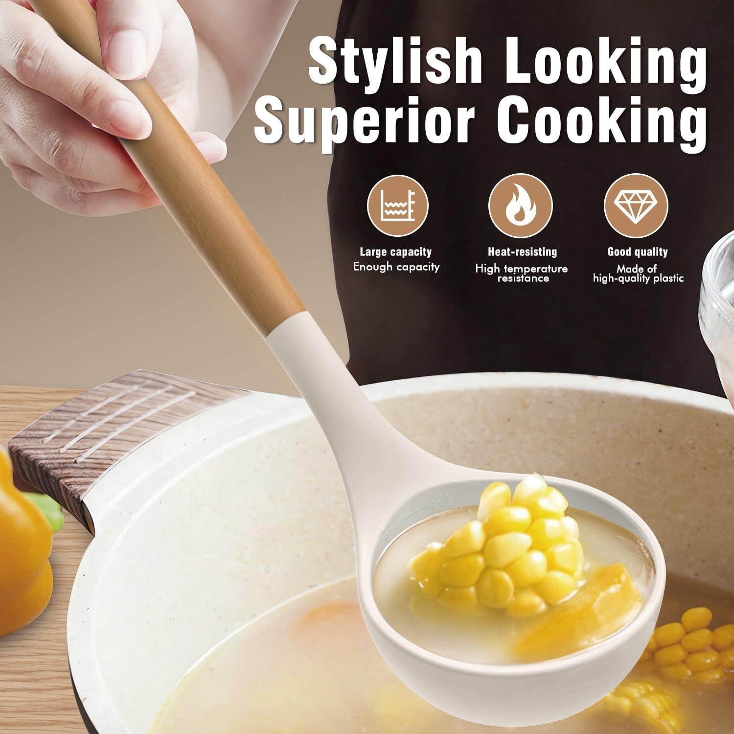 FAST APPLIANCES LLC Silicone Cooking Utensils Set - Silicone Kitchen Utensils For Cooking Wooden Handles, 446°F Heat Resistant Kitchen Utensil Spatula Sets W Holder, Gadgets For Non-Stick Cookware BPA FREE (Cream White)