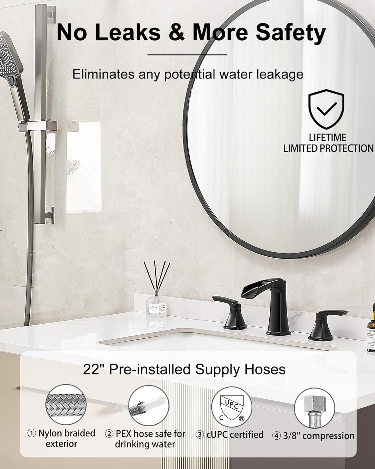 Matte Black 8-Inch Widespread Waterfall Bathroom Faucet