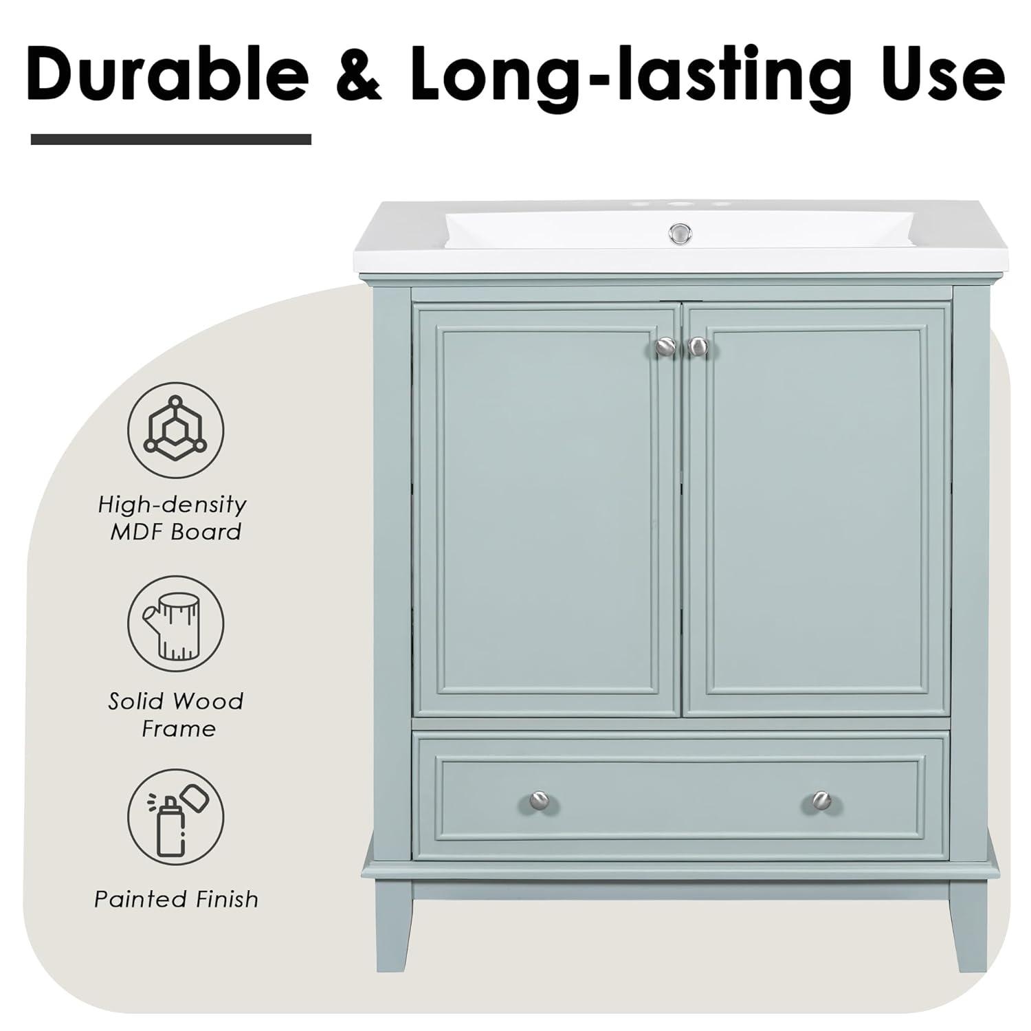 30" Bathroom Vanity without Sink, Cabinet Base Only, Multi-functional Bathroom Cabinet  with Doors and Drawer, Solid Wood Frame and MDF Board Bathroom Cabinet with Soft Closing Door, Green