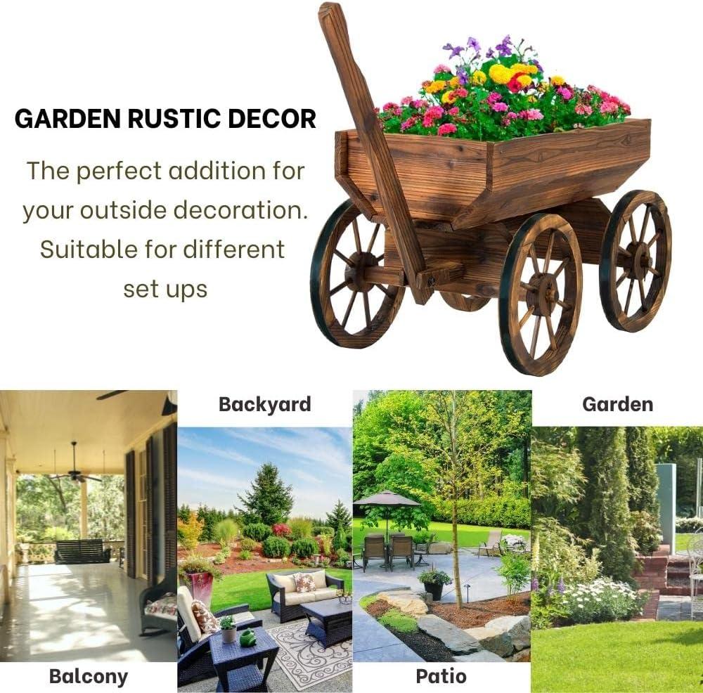 Rustic Cedar Wood Wagon Planter with Wheels for Outdoor Use