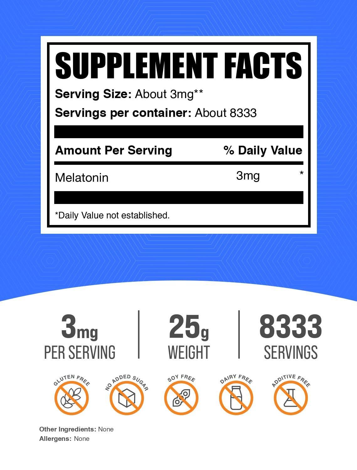 BulkSupplements.com Melatonin Powder - Sleep Supplement, Melatonin for Adults, Melatonin 3 mg - Vegan Melatonin, Pure & Gluten Free, 3mg per Serving, 25g (0.88 oz) (Pack of 1)