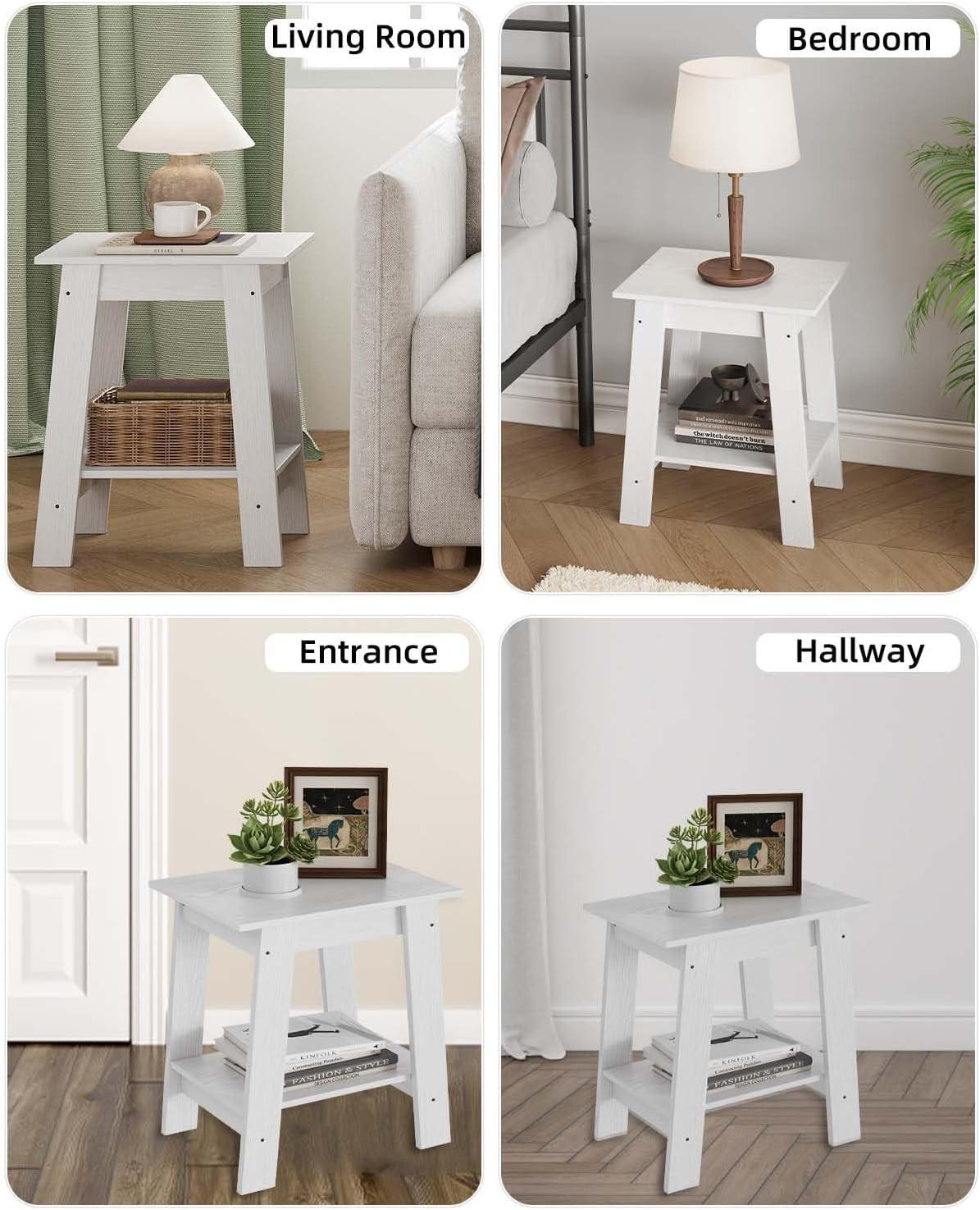 Nasitip 2-Tier End Table, Small Side Table, Nightstand with Storage Shelf, Narrow Side Table for Small Spaces(White)
