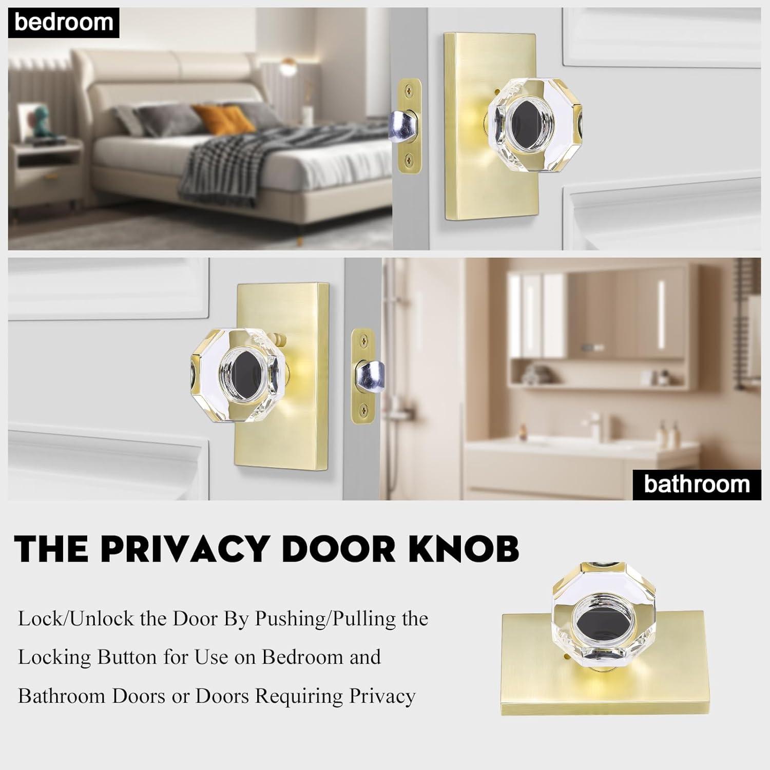Clear Glass Crystal Door Knobs Interior,Octagon Gold Door Knob,Bathroom Bedroom Privacy Door Knobs with Lock,Satin Brass