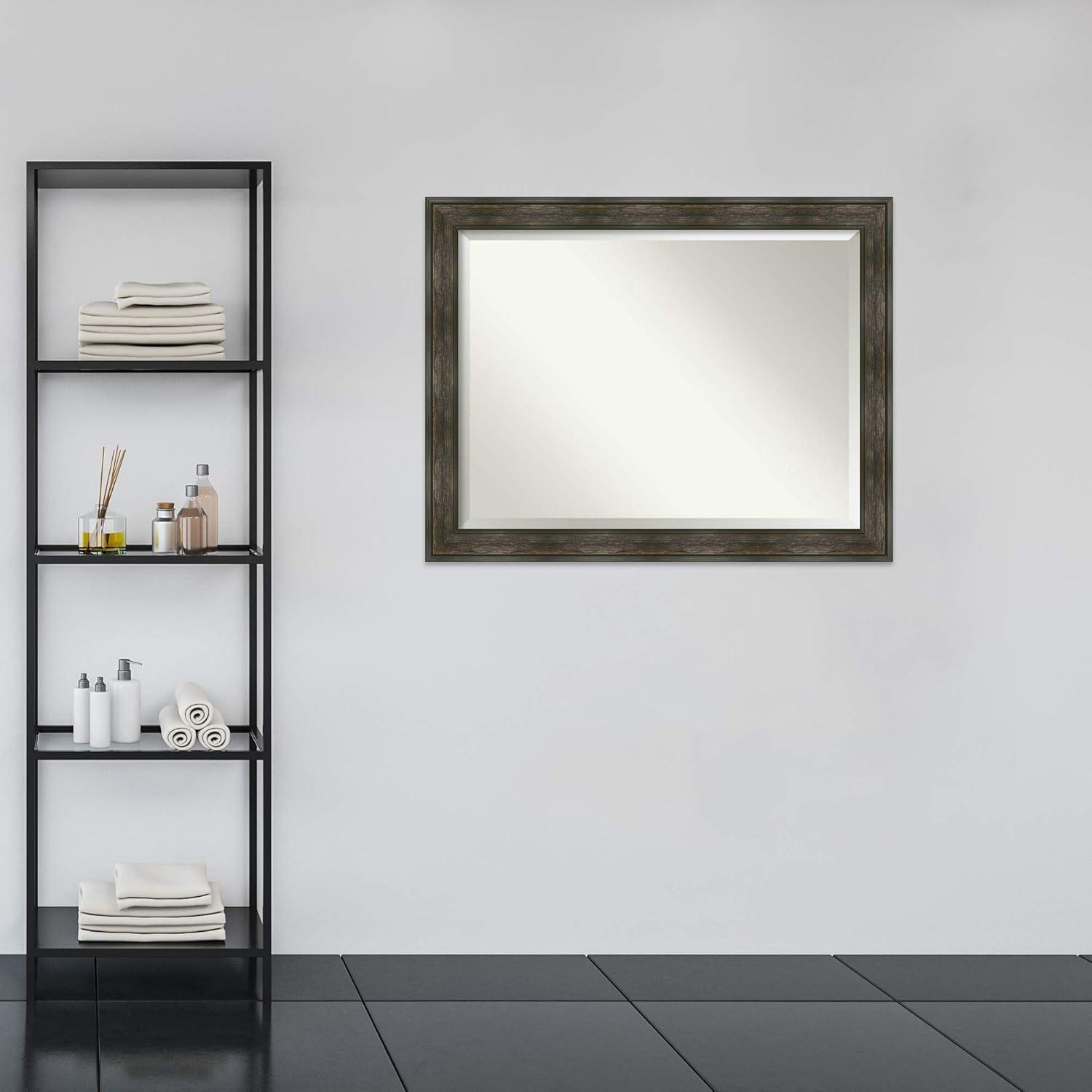 Amanti Art Beveled Bathroom Wall Mirror - Rail Rustic Char Frame - Rail Rustic Char Outer Size: 46 x 36 in
