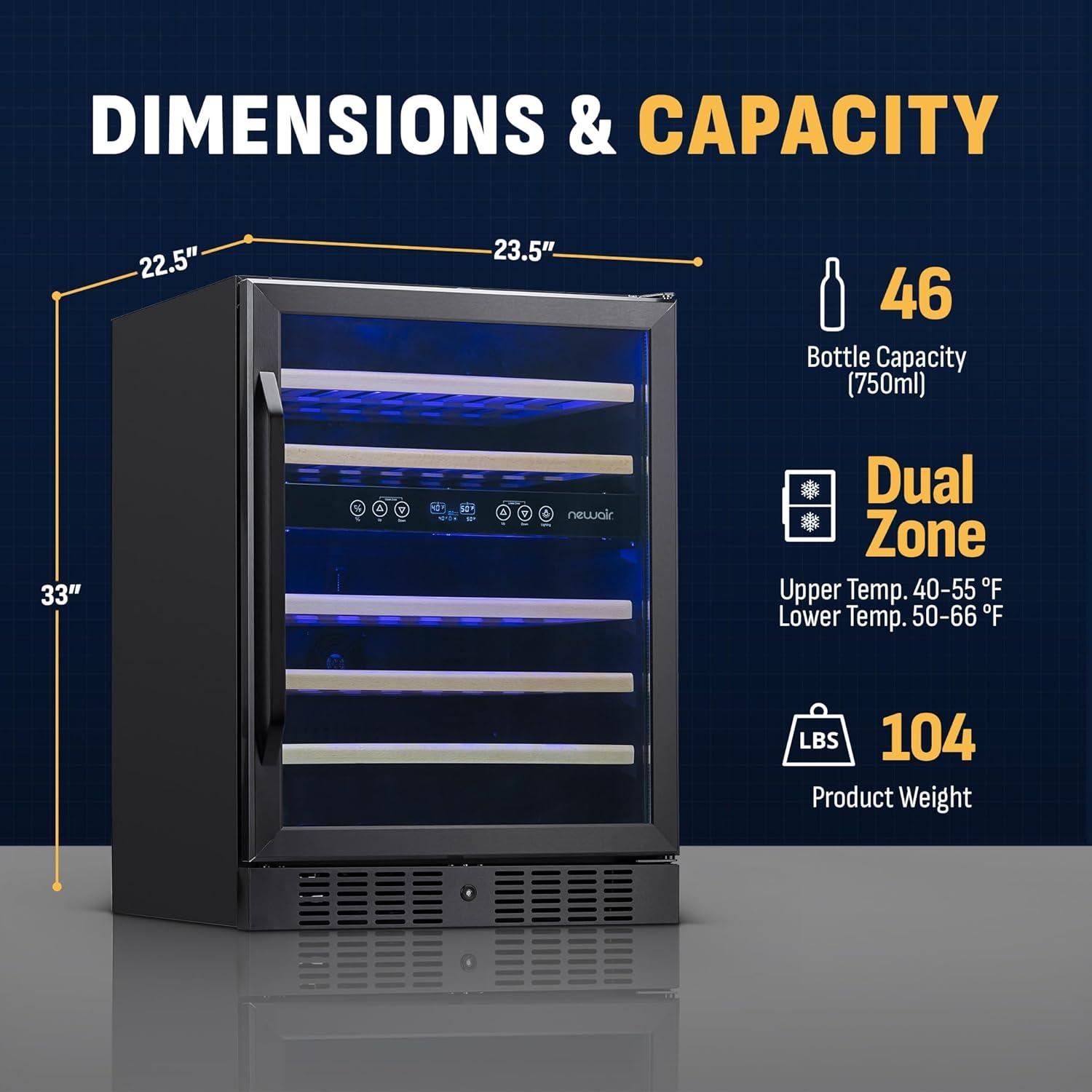 Newair 24” Built-in 46 Bottle Dual Zone Wine Cooler with Removable Beechwood Shelves in Black Stainless Steel