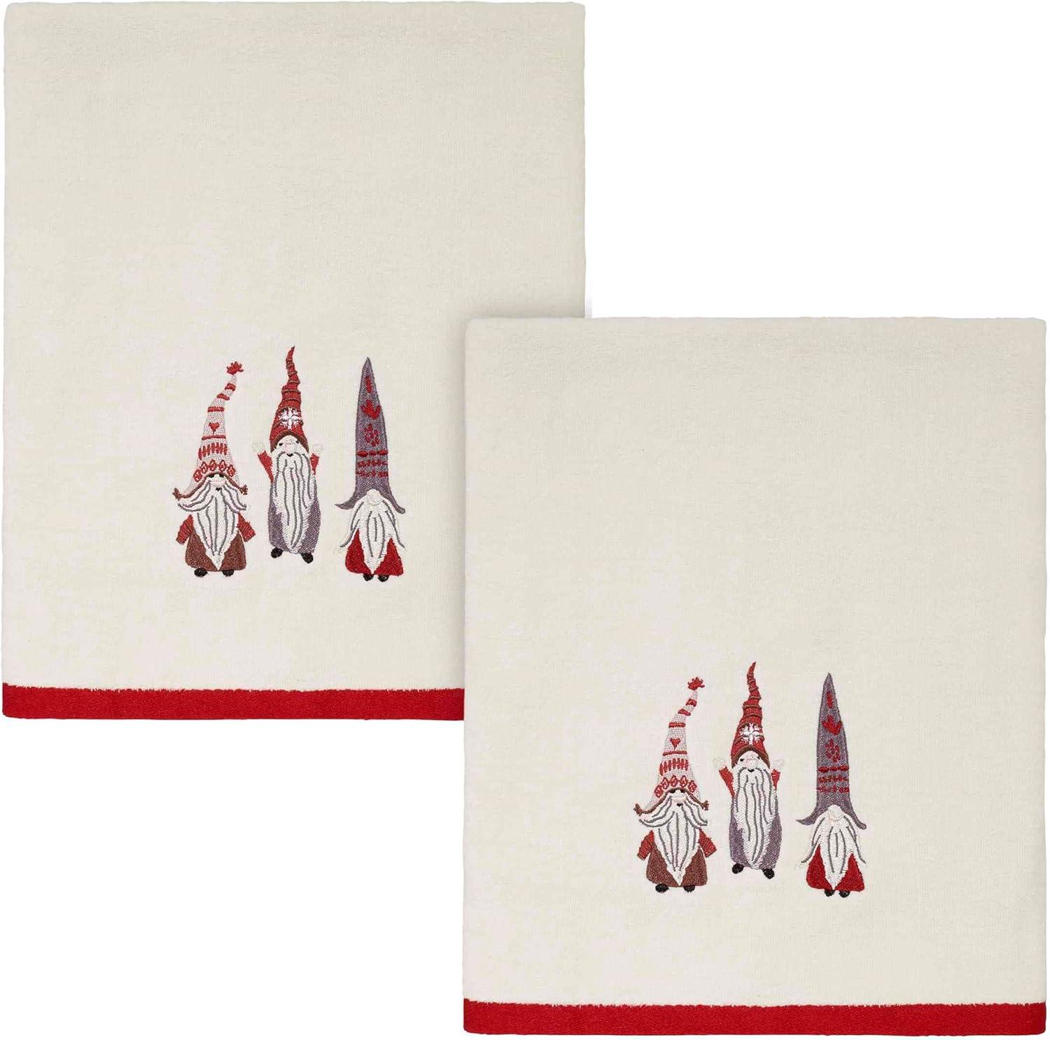 Ivory Cotton Christmas Gnomes Embroidered Bath Towel Set