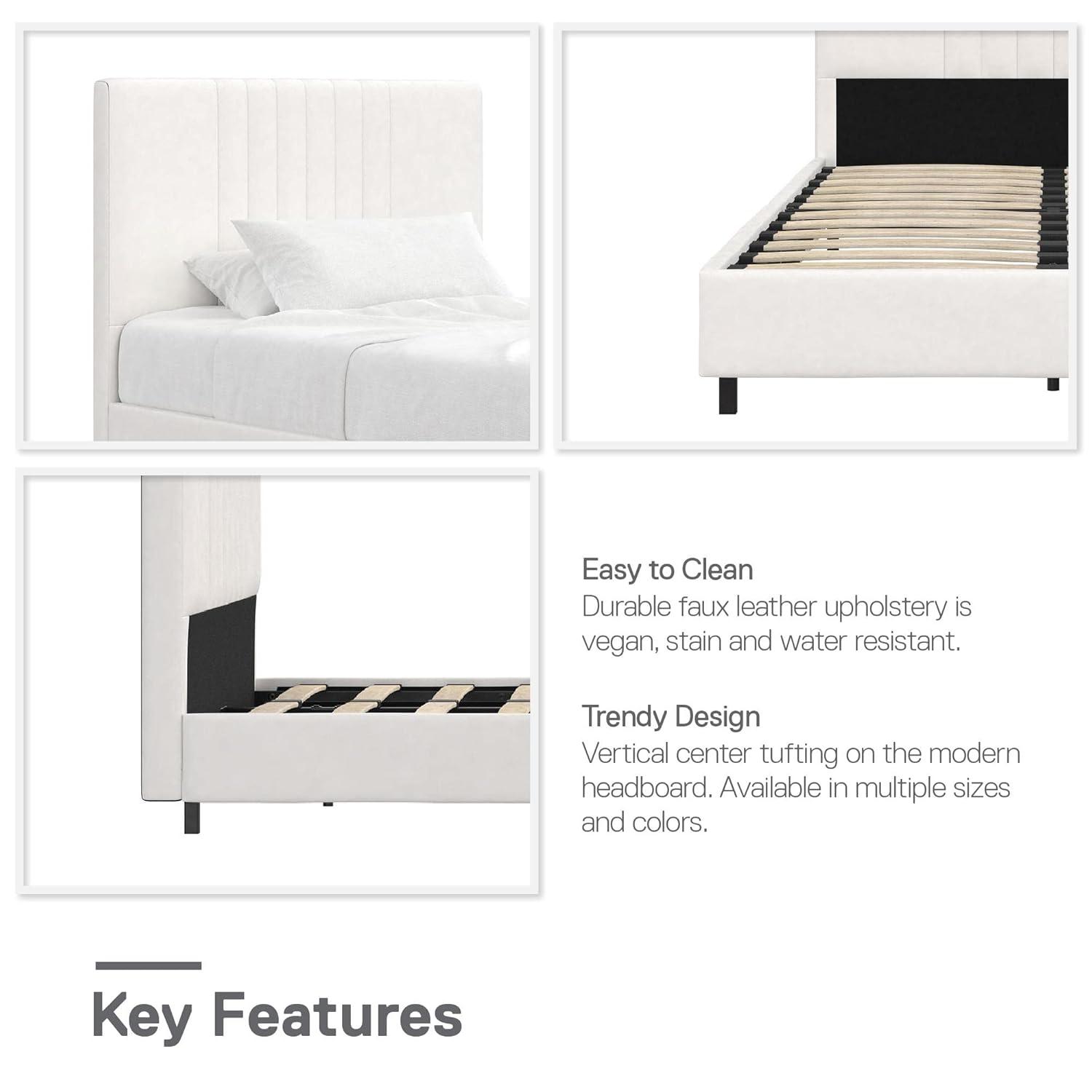 RealRooms Rio Faux Leather Upholstered Platform Bed with Tufted Headboard, Twin, White