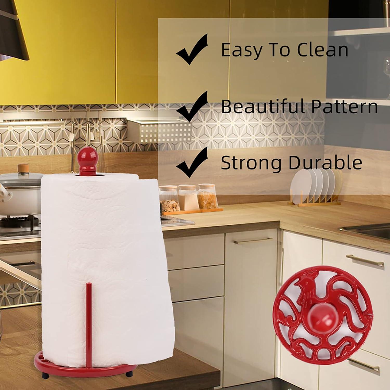 Vintage Paper Towel Holder Countertop - Cast Iron Standing Roll Paper Towel Dispenser with Elegant and Heavy Daffodil Pattern Base for Kitchen Décor, Red