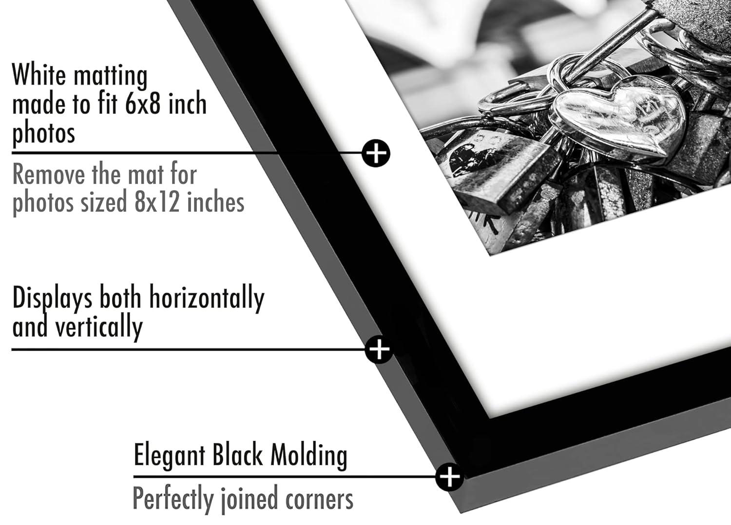Americanflat 5 Pack of 8x12 Frames with 6x8 Mat - Plexiglass Cover - Black