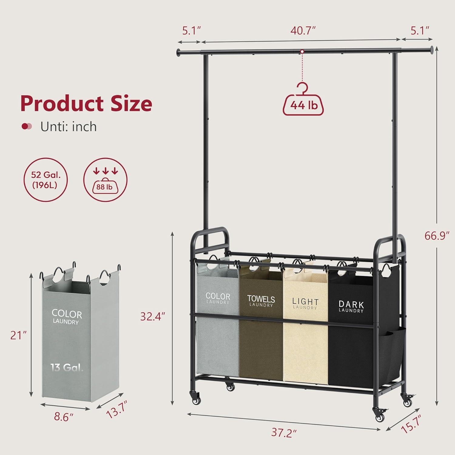 Black Metal Laundry Cart with Hanging Rack and Wheels