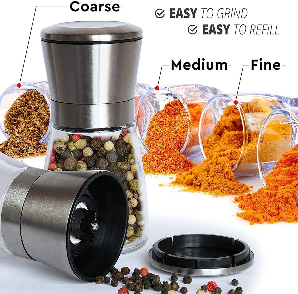 Set Of 2 Premium Stainless Steel Pepper And Salt Grinders With Glass Grinder