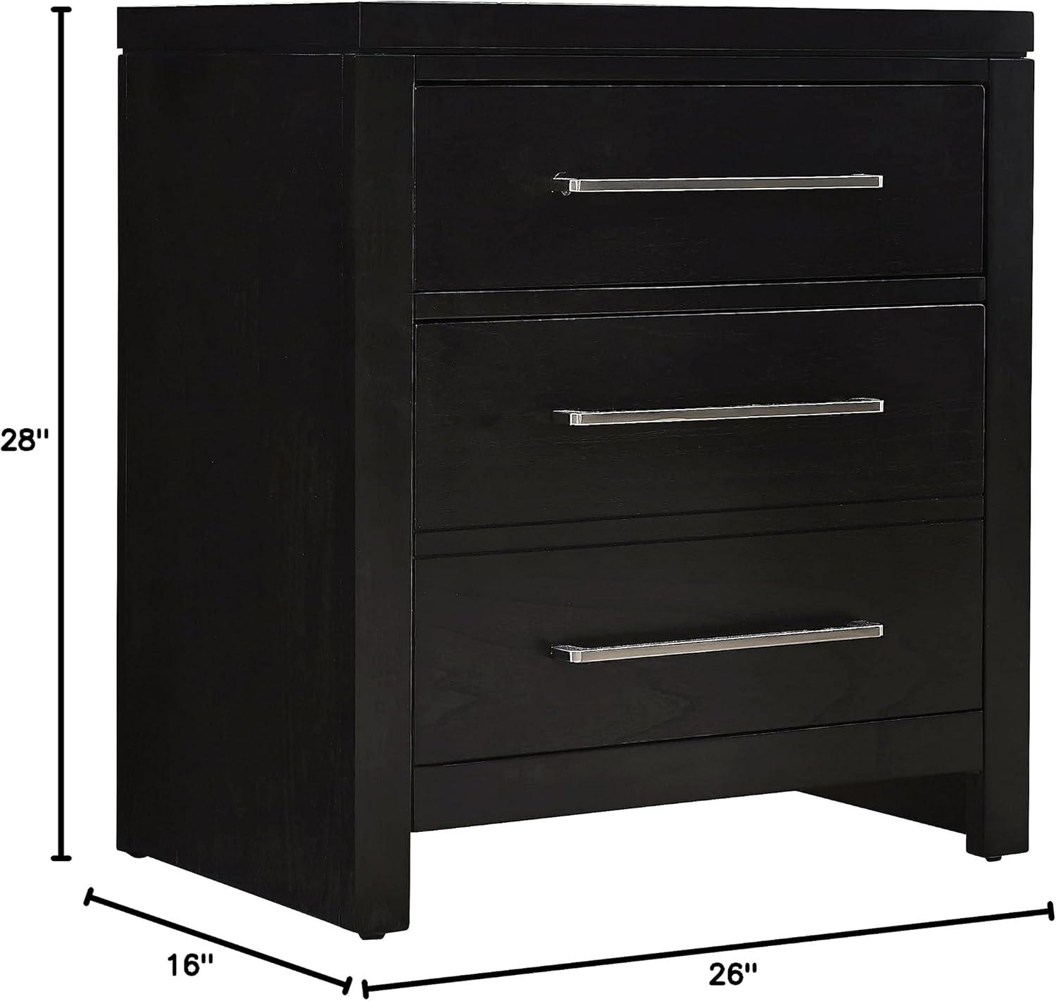 Foxfire Black Modern Nightstand with Nickel Bar Pulls