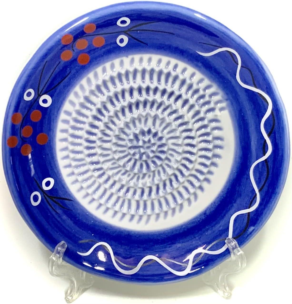 All-in-one 4pcs Premium Ceramic Garlic Grater Set - HandMade, Blue Stoneware Design Grater Plate_Garlic Peeler, Gathering Brush, Display Stand, It's also grating Turmeric, Ginger, and more,.