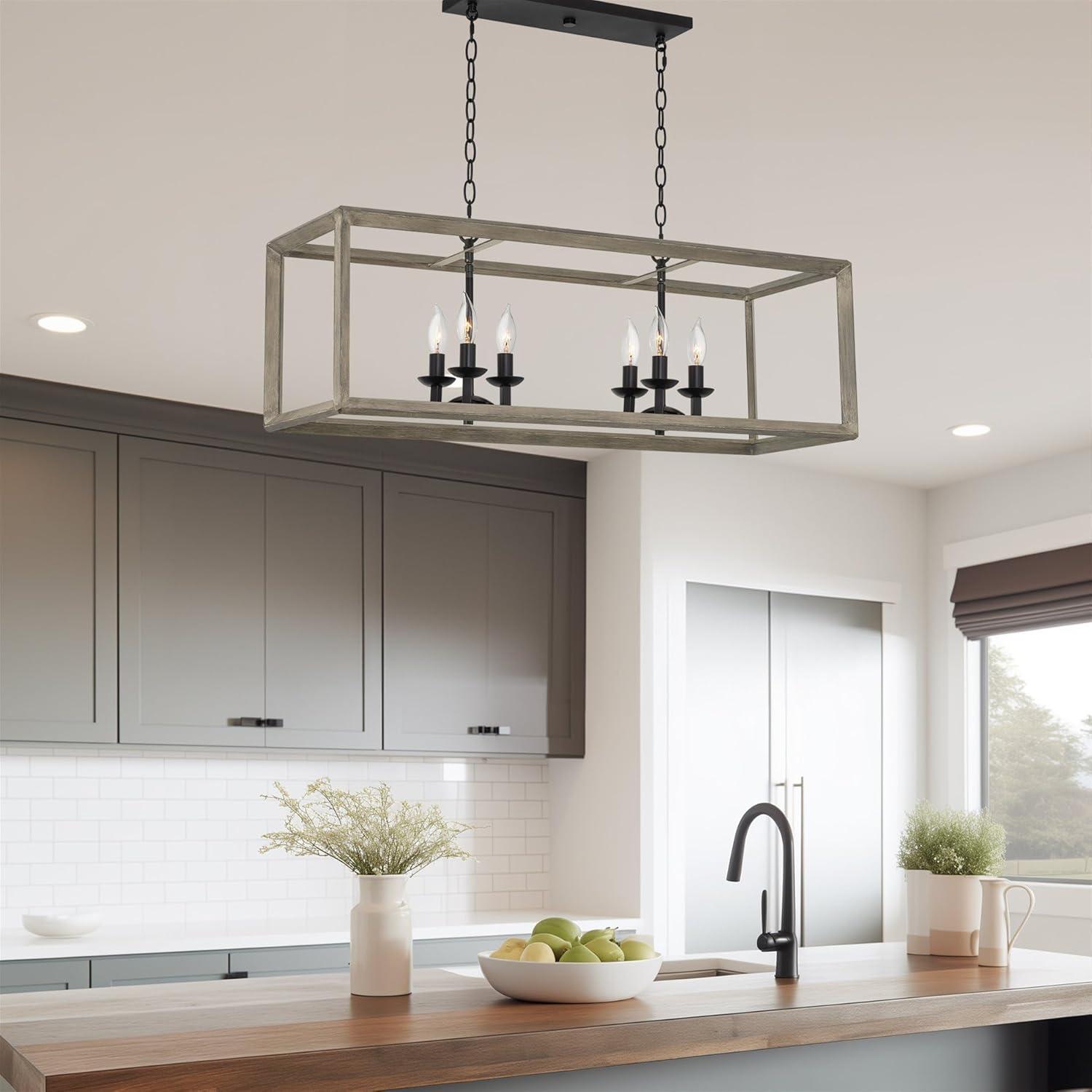 Kira Home Carlton 36" Farmhouse Kitchen Island Light, Rectangle Pendant Chandelier, Gray Oak Wood Style Metal Frame