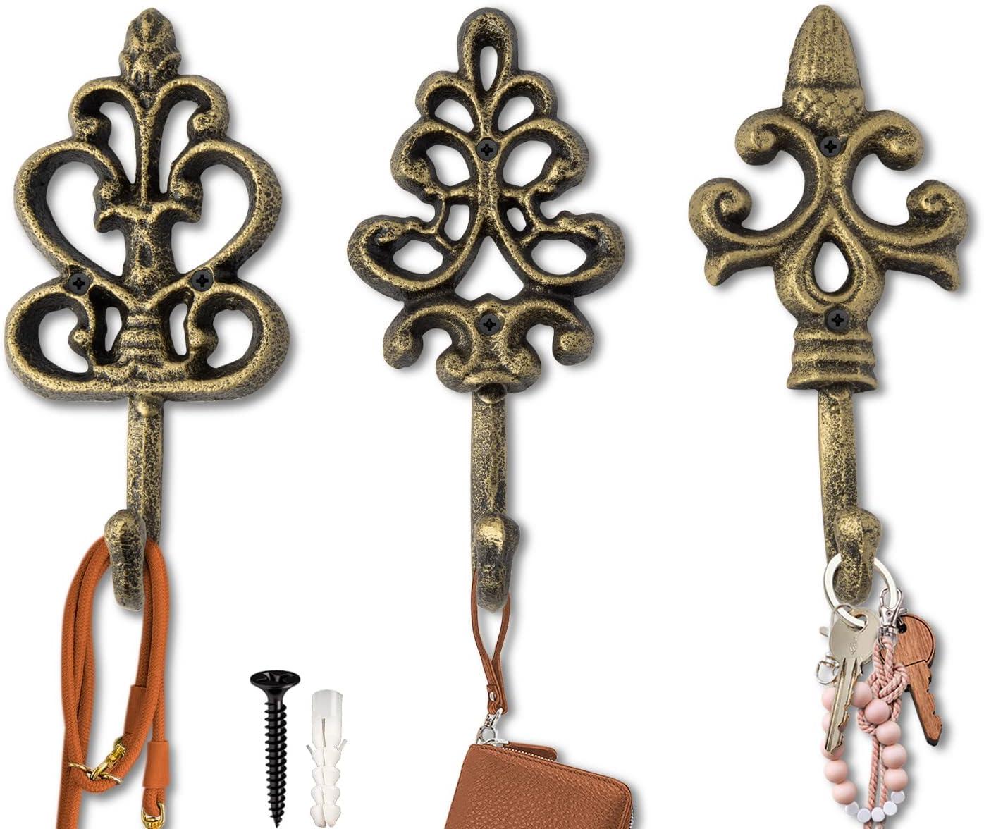 Set of 3 Gold and Black Cast Iron Decorative Wall Hooks