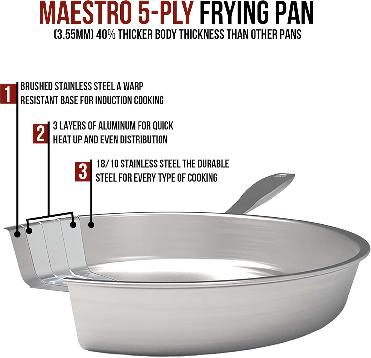 Alva Cookware Maestro 5-Ply Stainless Steel Frying Pan, Durable Induction Pan, Non Toxic Cookware, Stay Cool Handle