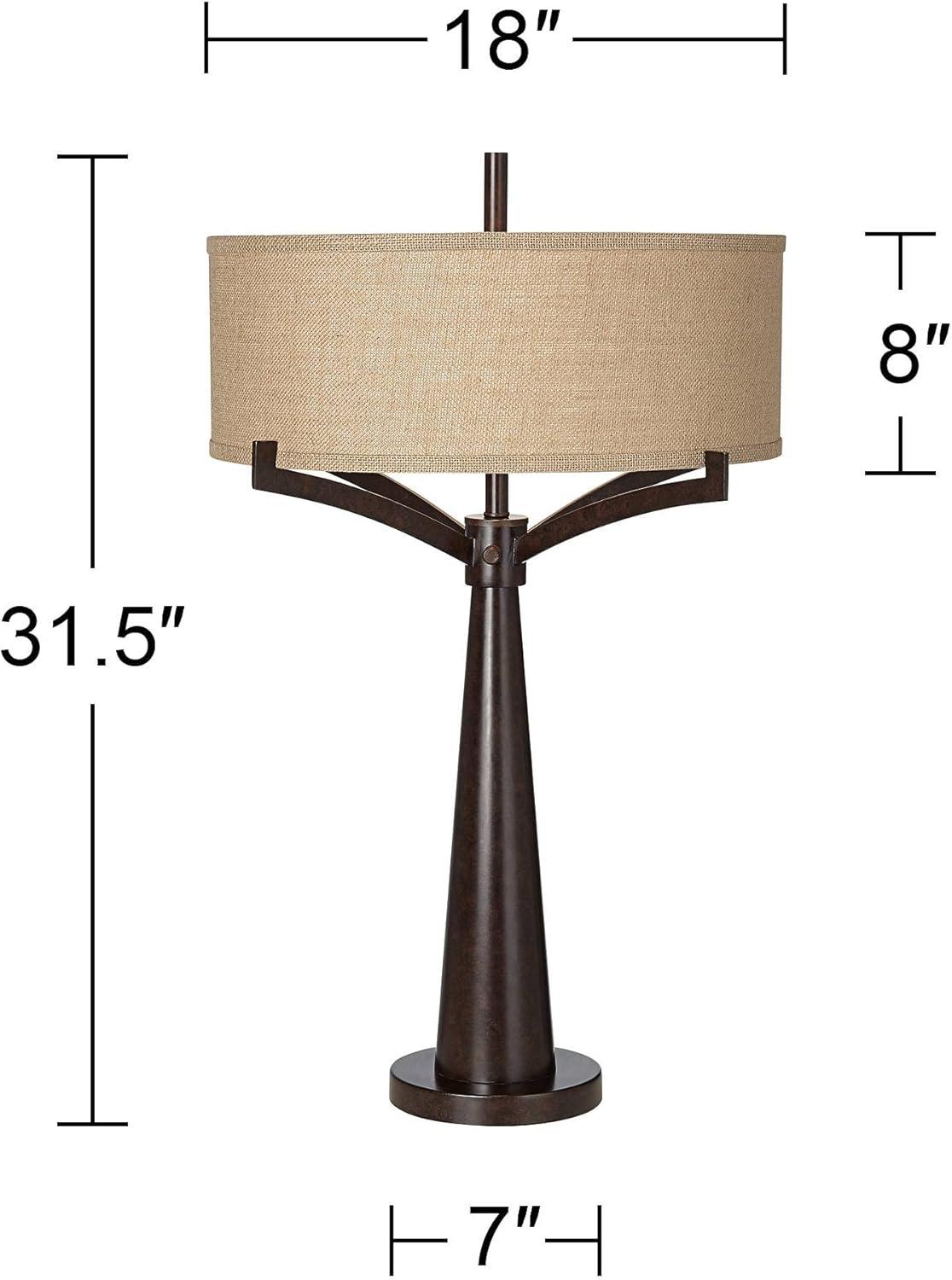 Franklin Iron Works Tremont Industrial Table Lamp 31 1/2" Tall Bronze Metal Burlap Fabric Drum Shade for Bedroom Living Room Bedside Nightstand Office