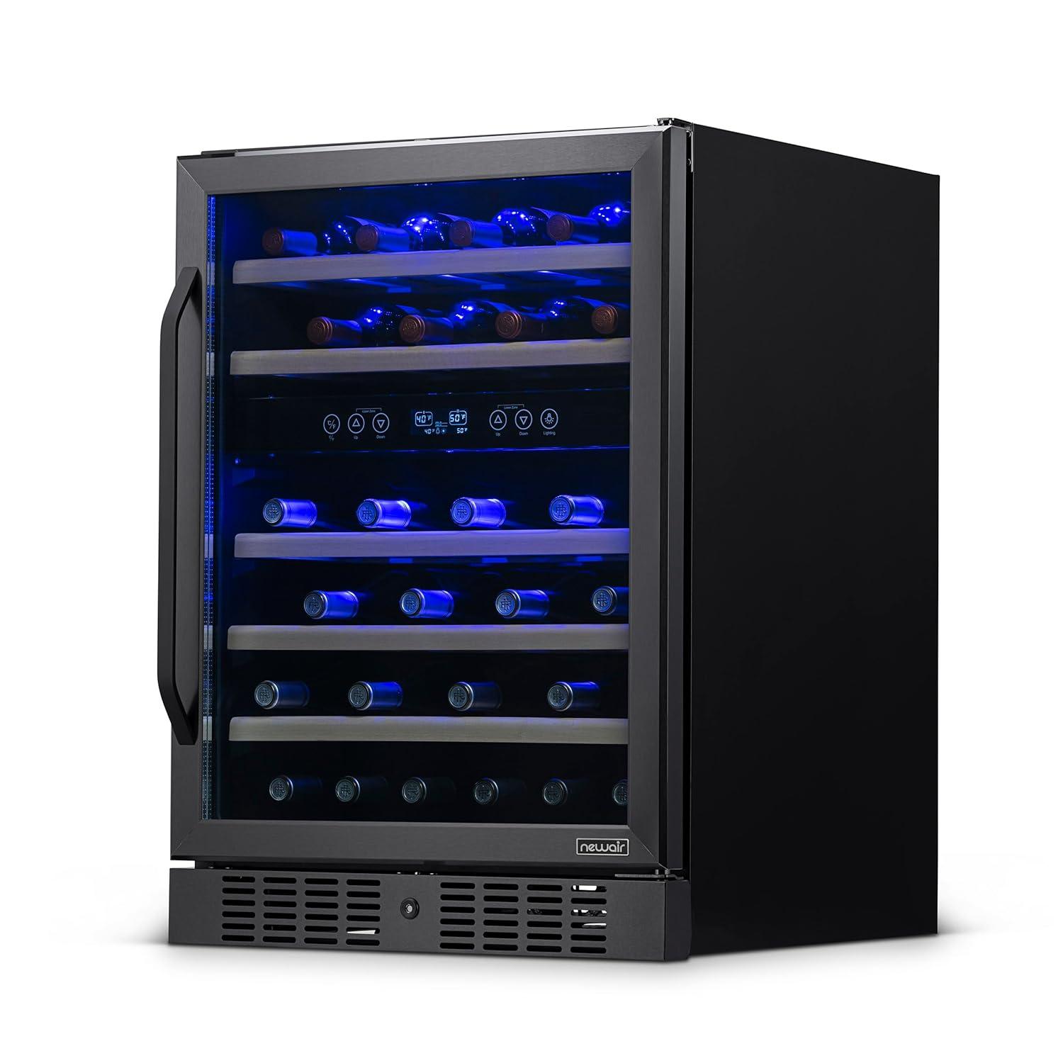 Newair 24” Built-in 46 Bottle Dual Zone Wine Cooler with Removable Beechwood Shelves in Black Stainless Steel