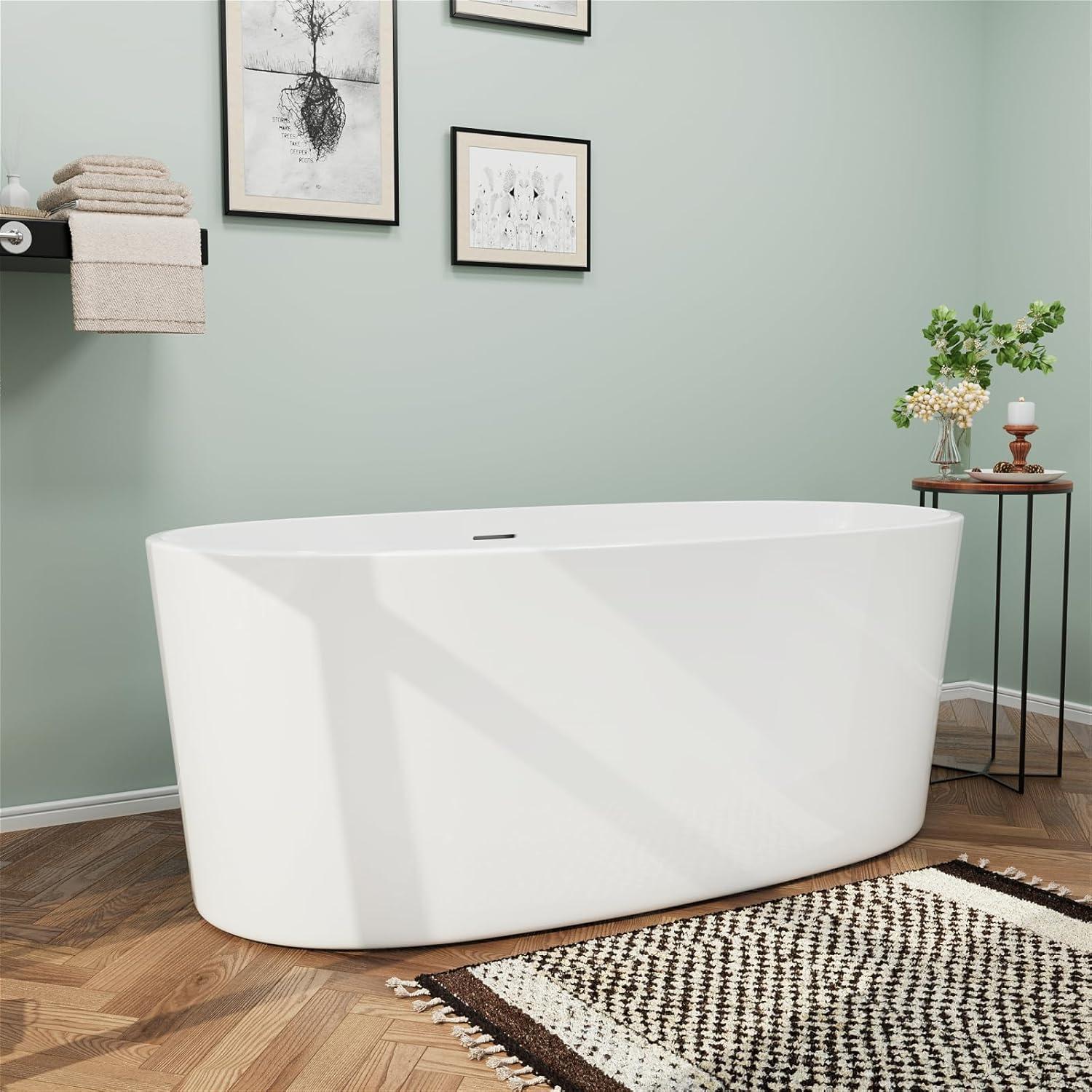 47" Glossy White Acrylic Freestanding Soaking Tub with Chrome Drain