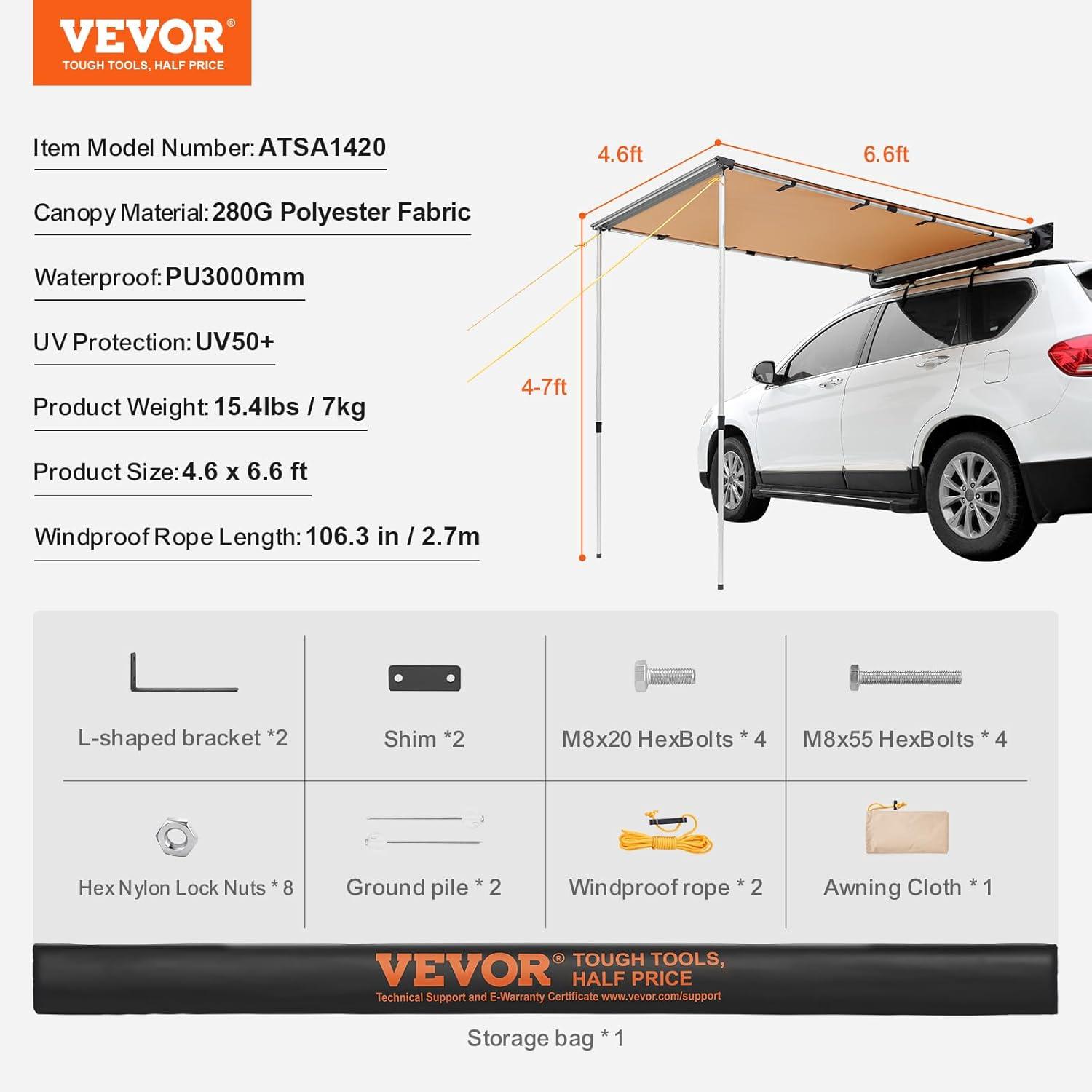 VEVOR 4.6x6.6ft Beige Polyester Retractable Vehicle Awning