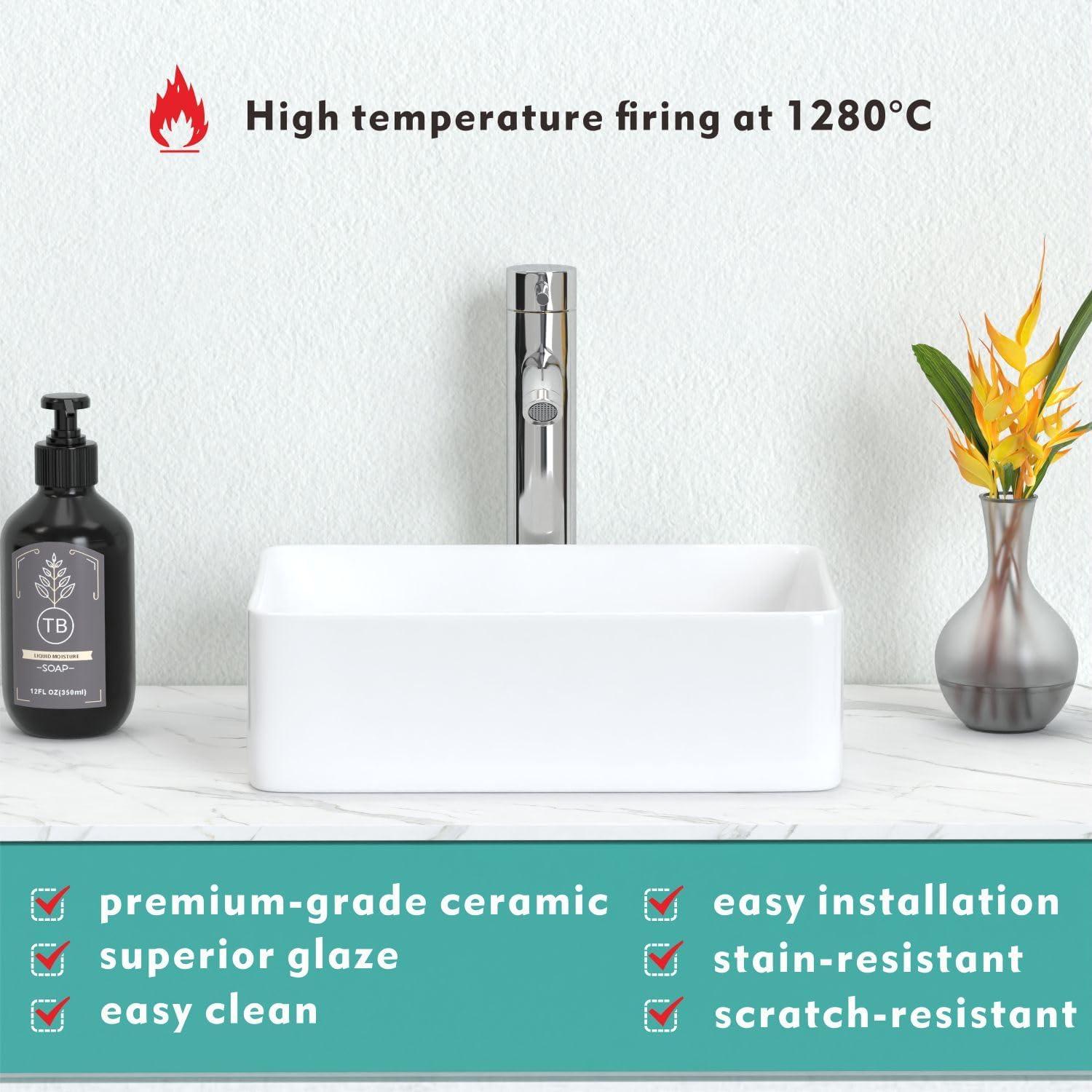 J-FAMILY 14.5'' x 10.6'' Bathroom Small Vessel Sink Above Counter White Porcelain Ceramic Sink Bowl Vanity Sink Lavatory Rectangular Wash Hand Basin