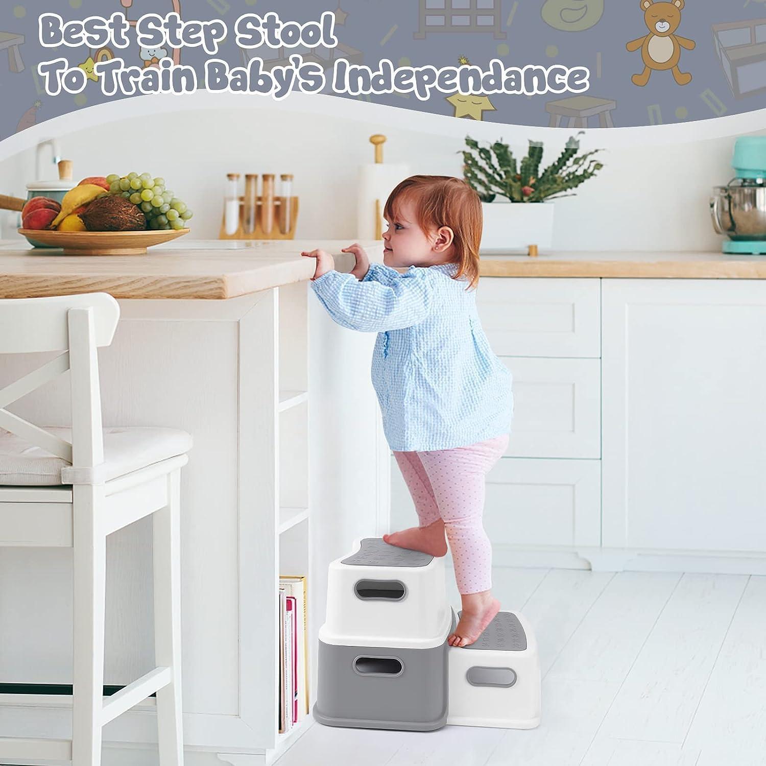 Toddler Step Stool for Toilet, Two Step Stool for Kids Bathroom with Handle for Potty Training, Non-Slip Girls Small Heavy Duty Plastic Stool for Sink Bed Kitchen Counter(Grey)