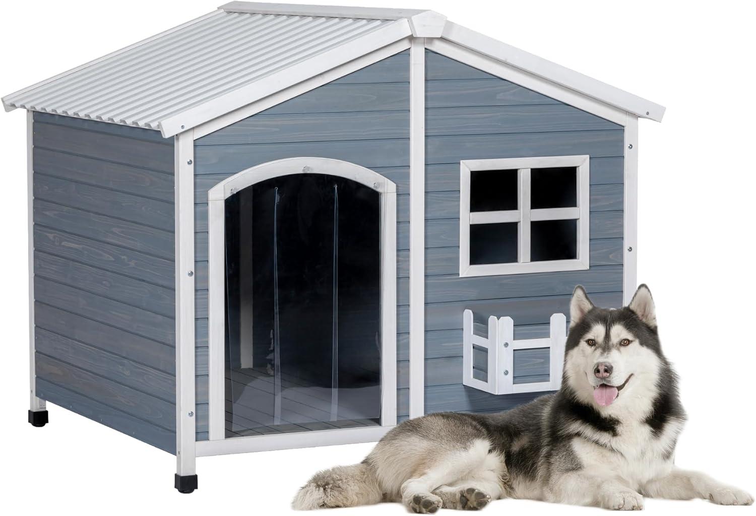 Petsfit 47" Dog House Outdoor with Waterproof PVC Roof, Extra Large Dog House for 2 Medium Dogs, Dog House Outdoor Large Breed, XXL Dog Houses with Window, Gray