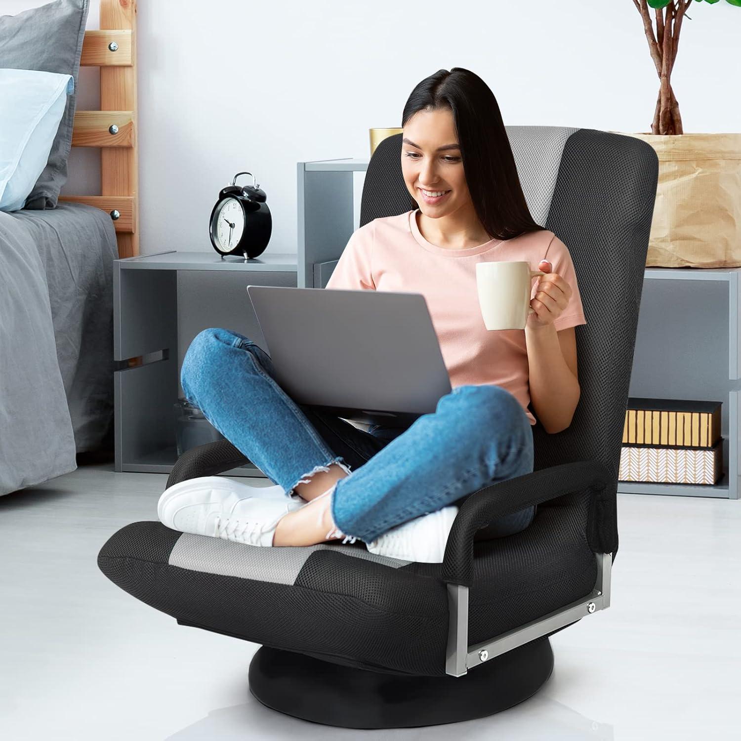360-Degree Swivel Gaming Floor Chair with Foldable Adjustable Backrest Grey