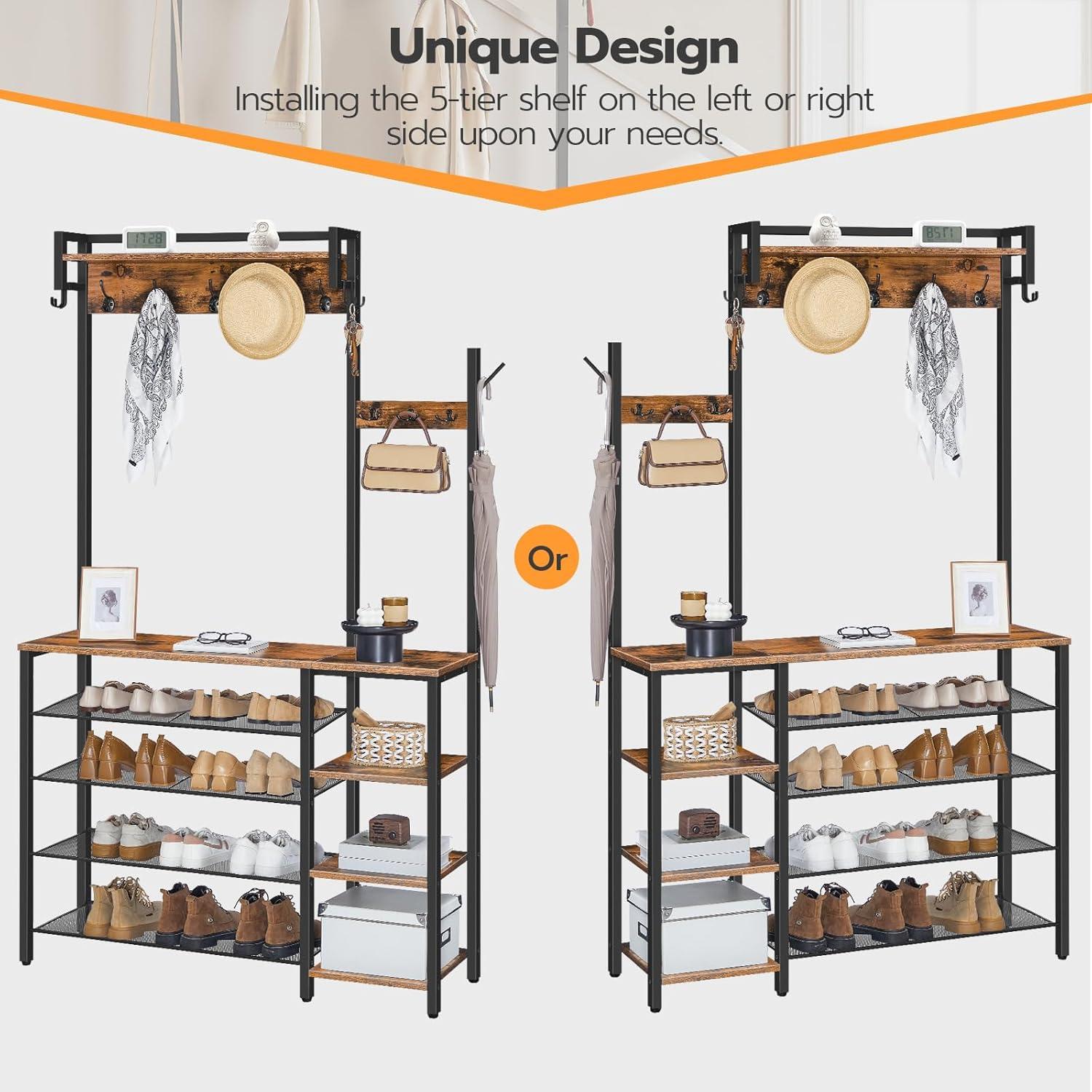 HOOBRO Rustic Brown Hall Tree with Bench, Coat Rack and Shoe Storage, Reversible Shelves - BF105MT01