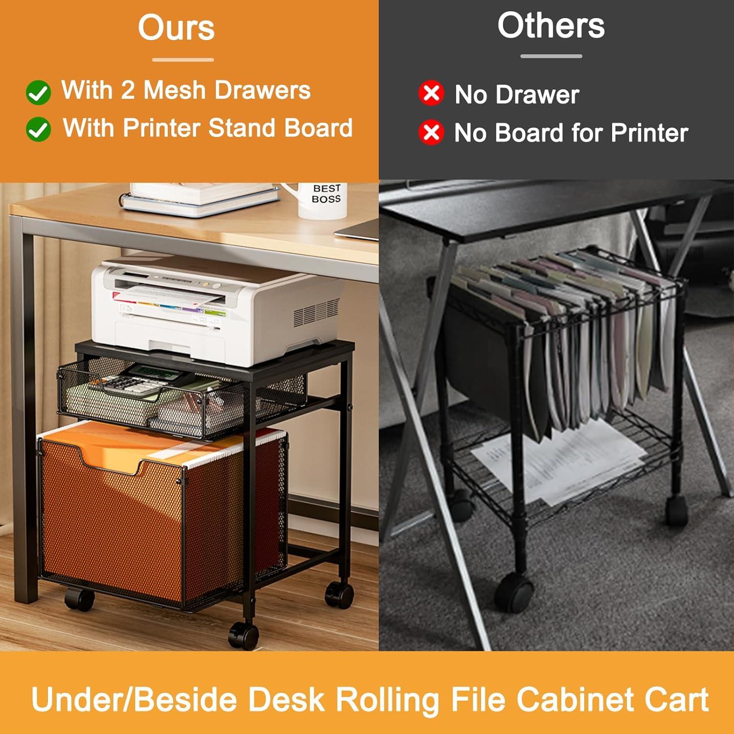 Rolling File Cabinet Cart,Printer Stand with 2 Drawers,Mobile Filing Cabinet on Lockable Wheels