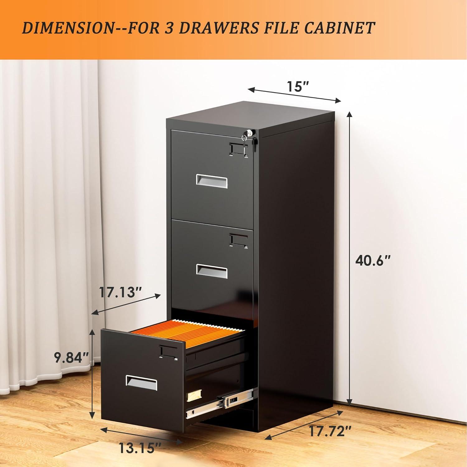 3 Drawer Mobile/Vertical File Cabinet for Home Office Black-15'' W