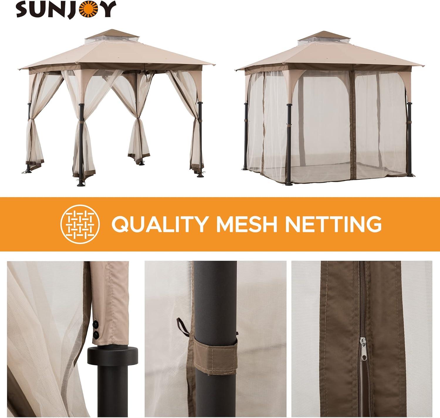 Tan and Brown Steel Frame Gazebo with Mosquito Netting