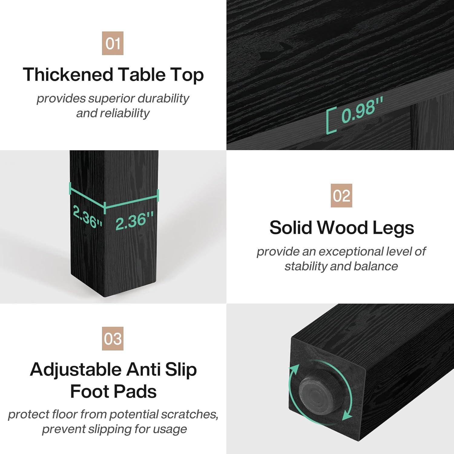 Pure Black Square Dining Table with Solid Wood Legs