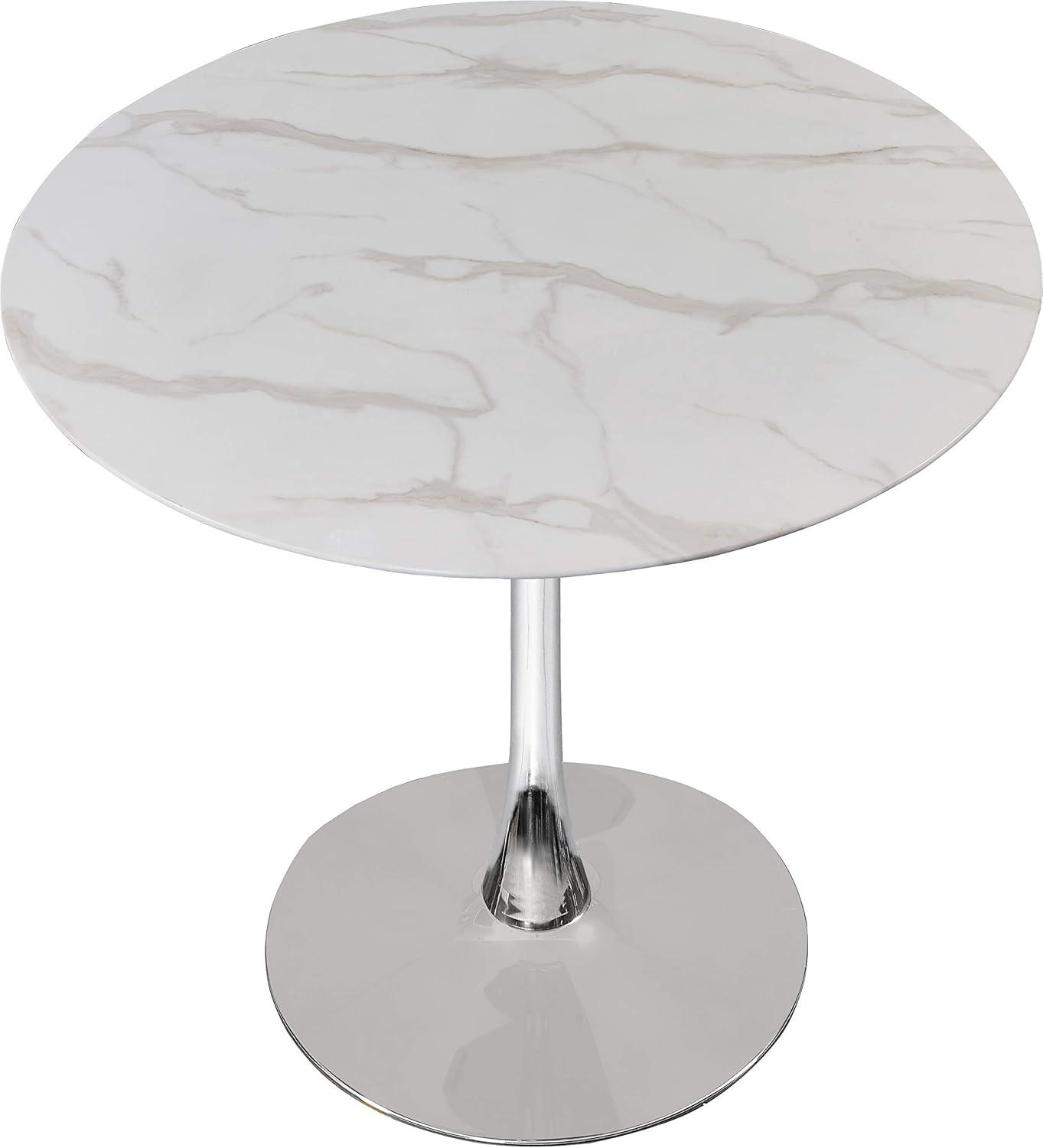 36" Round White Faux Marble Dining Table with Chrome Pedestal Base