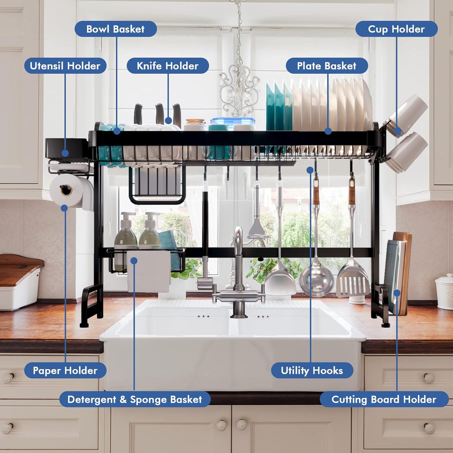 Large Over Sink Dish Rack: Full Stainless Steel Dish Drying Rack Over The Sink - Adjustable (25.6-37.6in) Width Kitchen Organizers and Storage Black Dish Shelf Counter Utensil Sponge Holder Sink Caddy