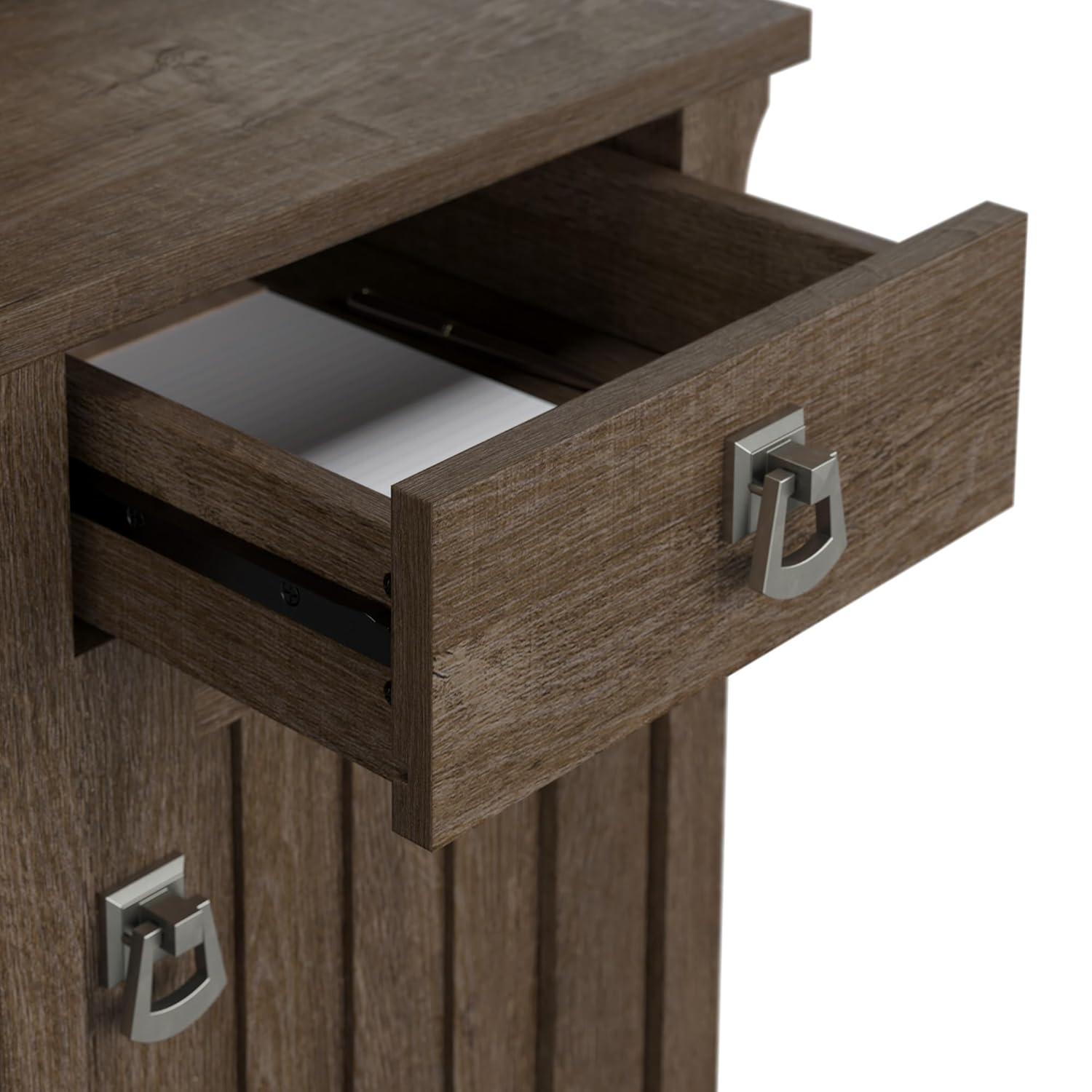 Bush Furniture Salinas Farmhouse 60 in L Shape Desk with Hutch, Box Drawer and Storage Cabinet in Ash Brown (Ships in 2 boxes)