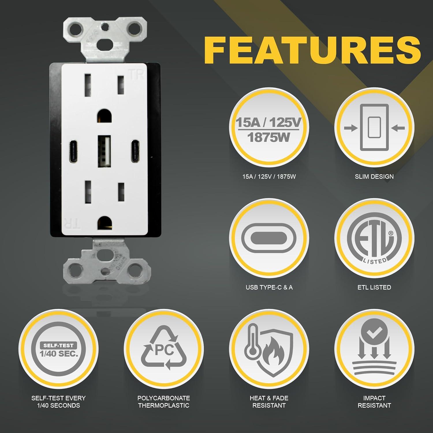 6.0A USB Outlet, 3-Port 30W Wall Outlets with 2 Type C & 1 Type A, 15 Amp Receptacle Plug, Tamper Resistant Receptacle, ETL Listed, White, 1 Pack