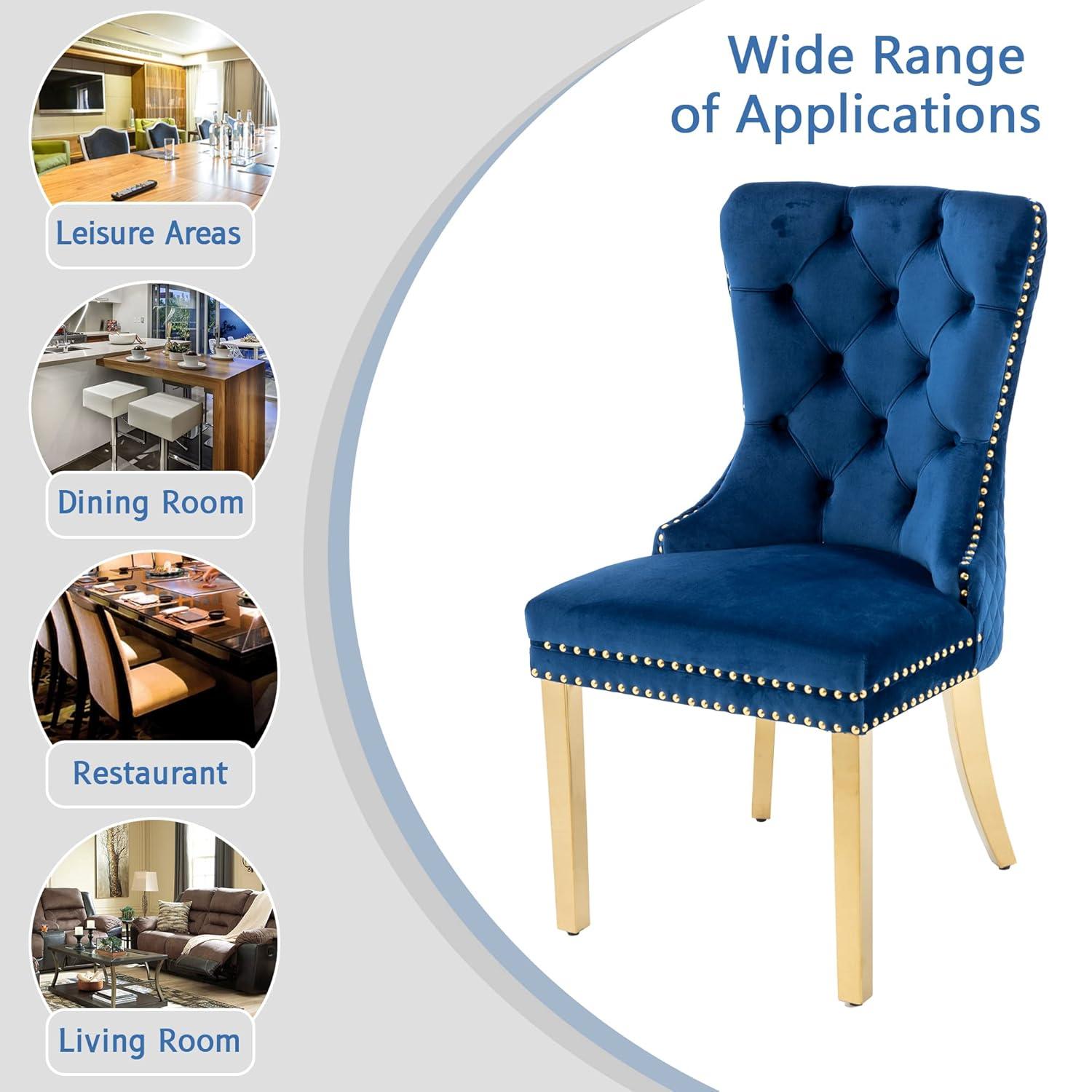 Velvet Upholstered Dining Chairs, Set of 2, Dining Room Tufted Chair, Modern Button Tufted Armless Chairs with Nailhead Trim and Back Ring Pull, Gold Legs, for Dining Room, Kitchen, Navy