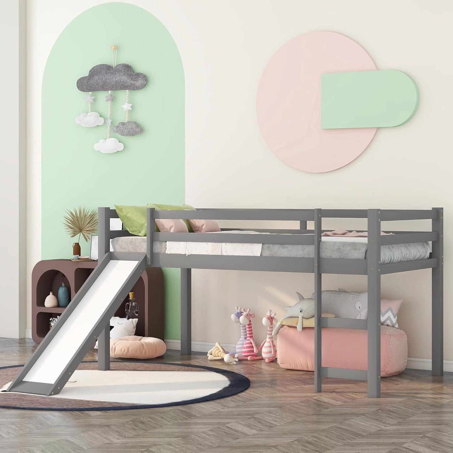 Harper & Bright Designs Kids Loft Bed with Slide,Twin Size Low Loft Beds for Girls Boys Solid Pine Wood Toddler Loft Bed with Ladder and Guard Rails,White