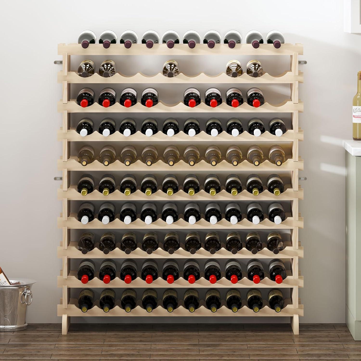 Wellynap 10-Tier Wine Rack, Stackable Wine Storage Holder for 100 Bottles, Free Standing Wine Storage Organizer - Wood