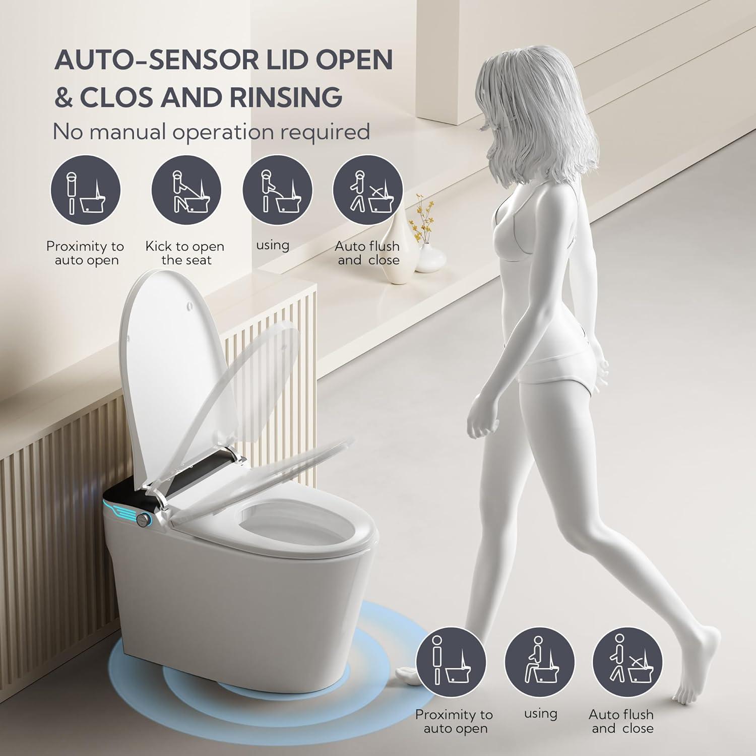 Luxury Smart Toilet with Bidet Built In Bidet Toilet Heated Seat, Foot Sensor,Warm water and Air Dryer,Voice Control, 1.28 GPF Powerful Auto Flush, Instant Hot Water and Ambient Lighting-White