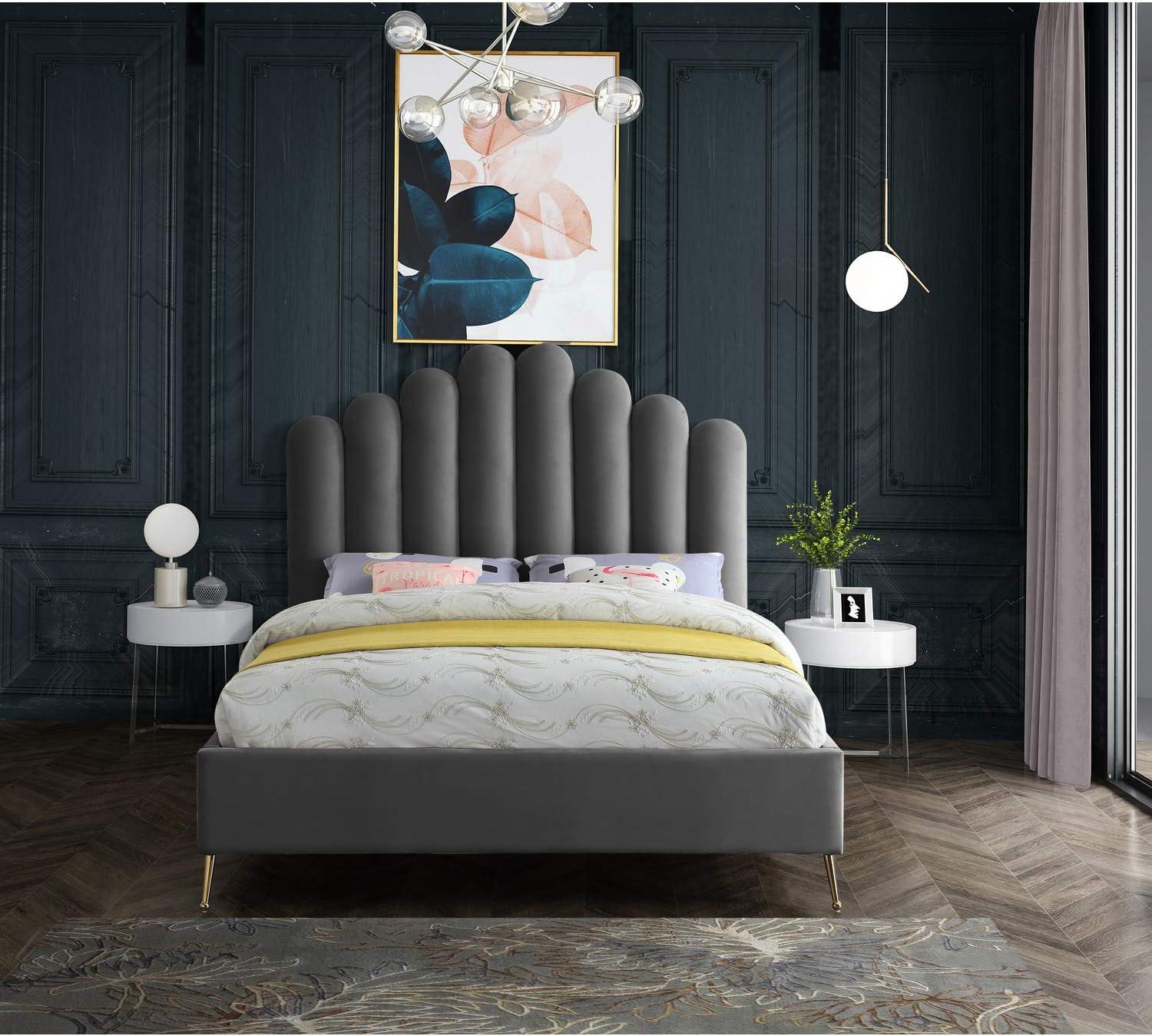 Elegant Grey Velvet Queen Bed with Gold Metal Frame and Tufted Headboard