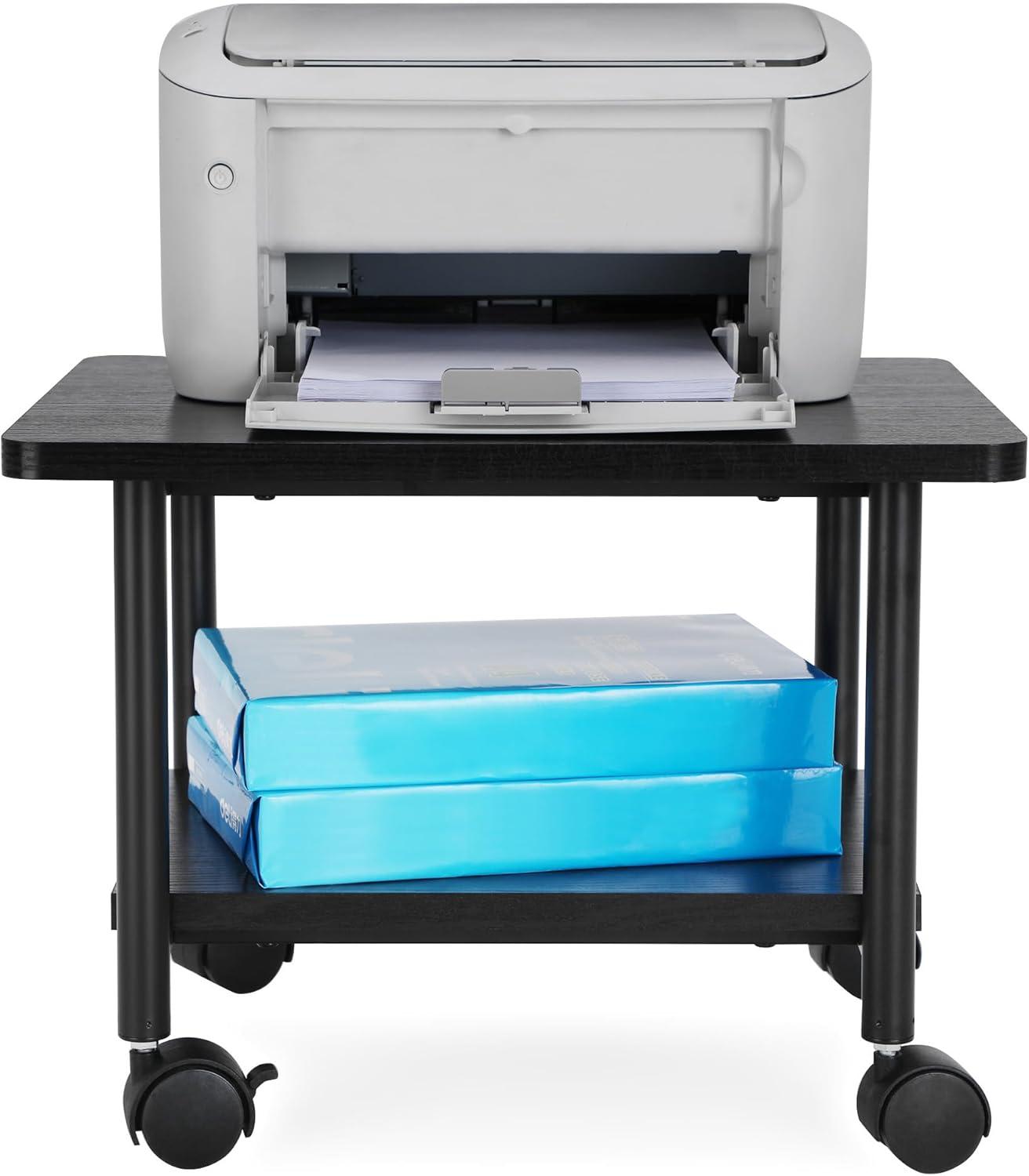 Black Metal 2-Tier Mobile Printer Stand with Shelf