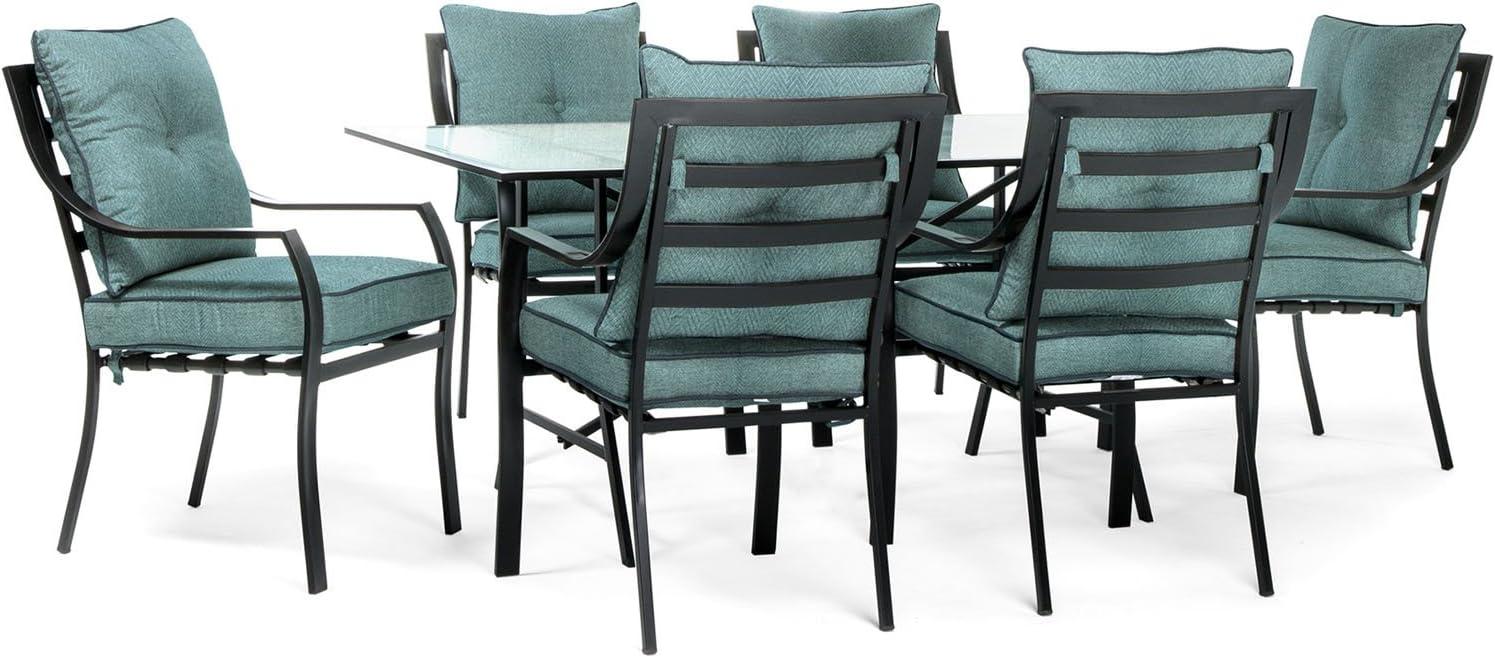 Lavallette 7-Piece Black Steel Outdoor Dining Set with Blue Cushions