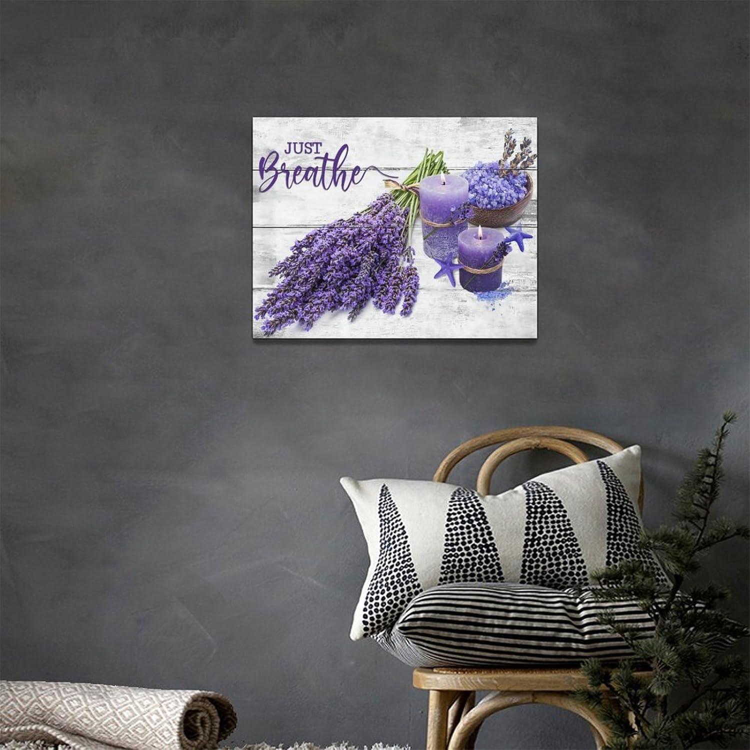 Bathroom Wall Art Lavender Pictures Purple Bathroom Decor Flower Canvas Print Wall Decor Farmhouse Bathroom Decor Wall Art Purple Candles and Lavender Painting Framed Modern Home Artwork Large 16"x12"