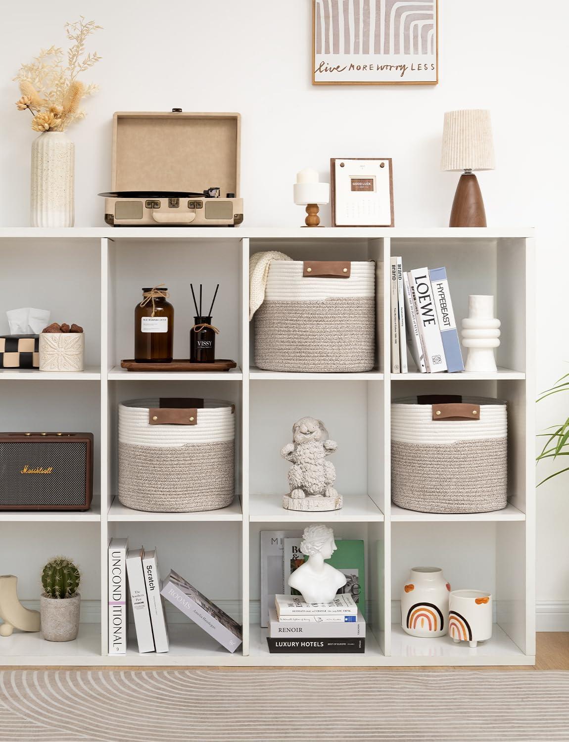 11x11x11 Woven Baskets for Storage - 3 Pack, Cotton Rope Baskets with Leather Handles, White & Light Brown - Cube Storage Organizer for Bedroom, Nursery Room, Living Room