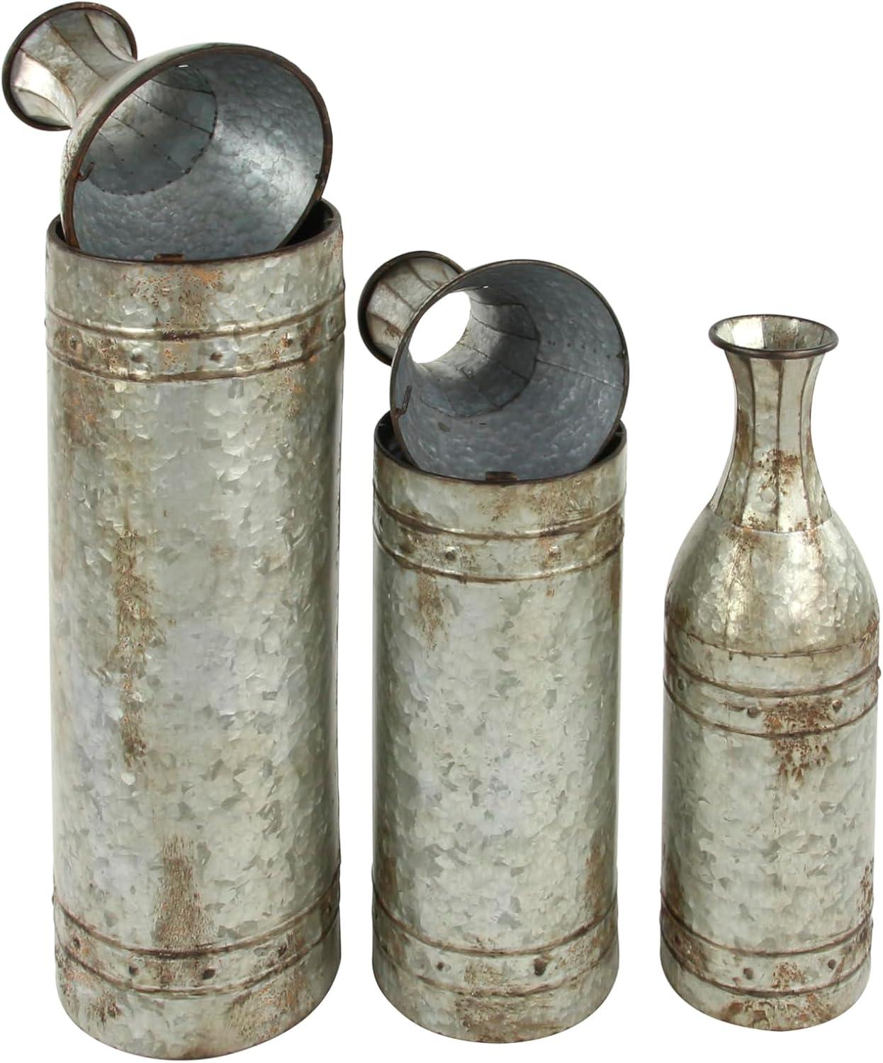 Galvanized Metal Cylinder Floor Vases, Set of 3, Farmhouse Decor