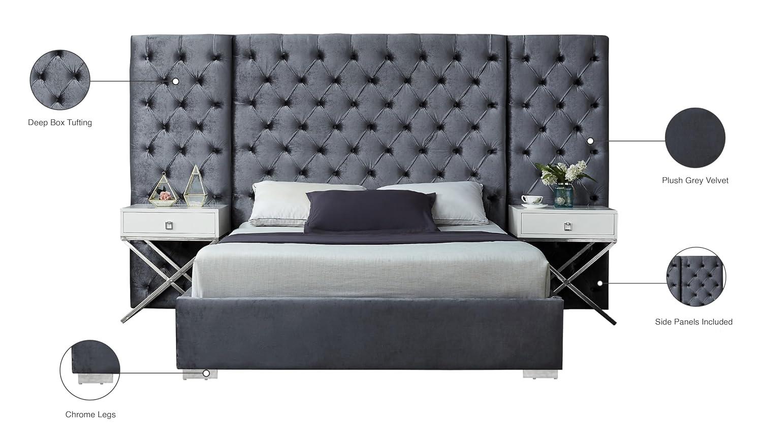 Grande Grey Velvet Queen Bed-Color:Grey Velvet,Style:Contemporary