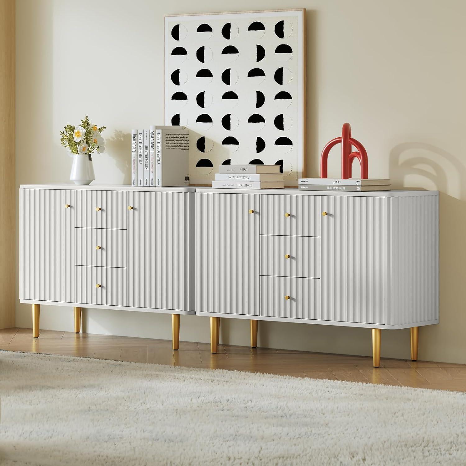 Lunale 48" 3-Door Storage Buffet Cabinet, Cabinet with Vertical Stripes Design Doors and Metal Handles for Living Room, White
