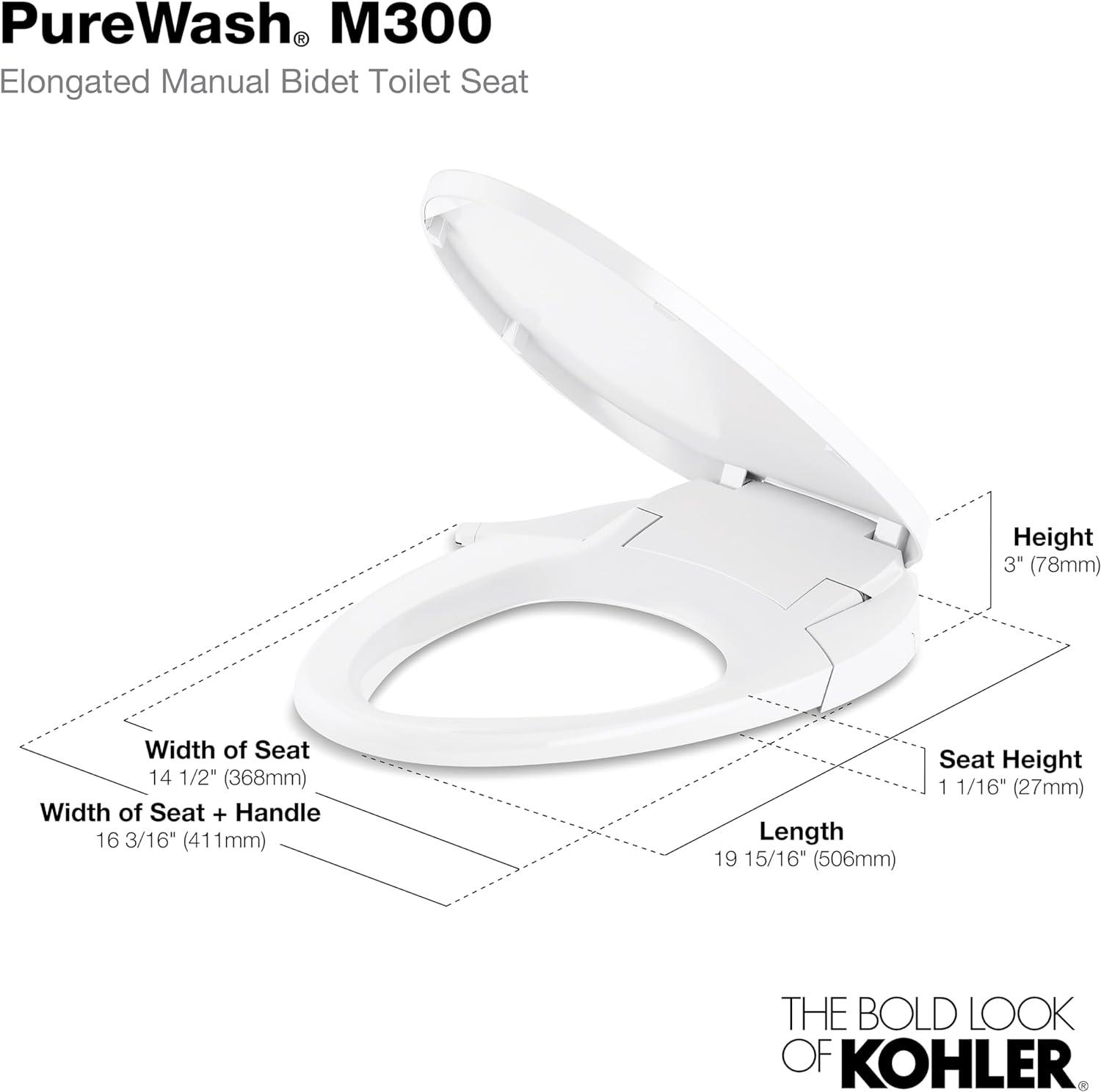 Purewash M300 Elongated Manual Bidet Toilet Seat, Non-Electric Bidet with Adjustable Bidet Sprayer